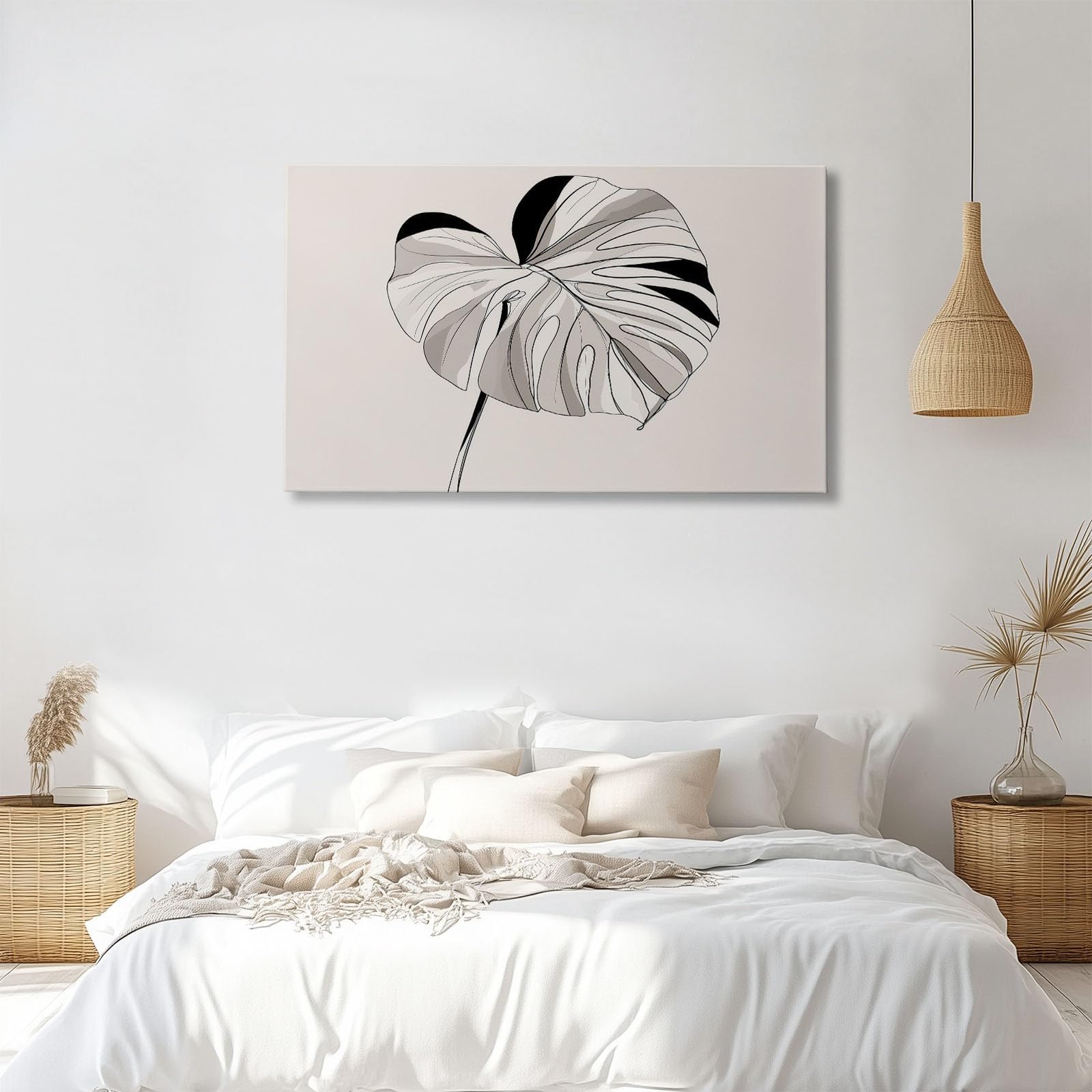 Vintage Pflanzen Monstera Blatt Streifen Modernes Leinwandbild 90L x 60B cm mit Rahmen, Minimalistisch XXL Wanddeko für Wohnzimmer Geschenk Idee Einzug - Hochwertiger Kunstdruck auf Holzrahmen