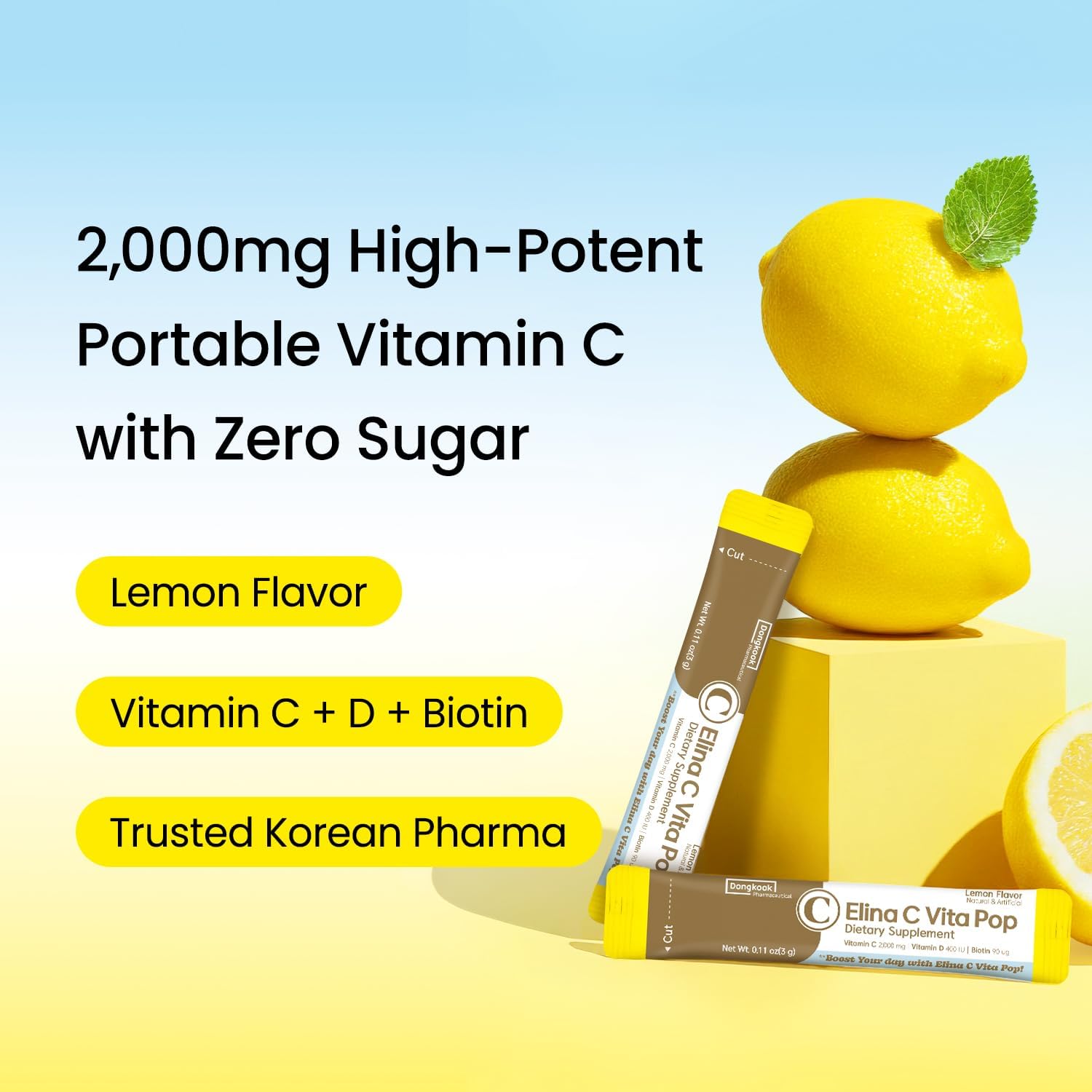 Vita Pop Korean Vitamin C Powder 2,000mg High Absorption, Zero Sugar, Lemon Drink Vitamin D & Biotin for Skin, Lemonade Drink Mix Vitamin C Supplement for Immune Support, Non-GMO,100 Packets - Image 2