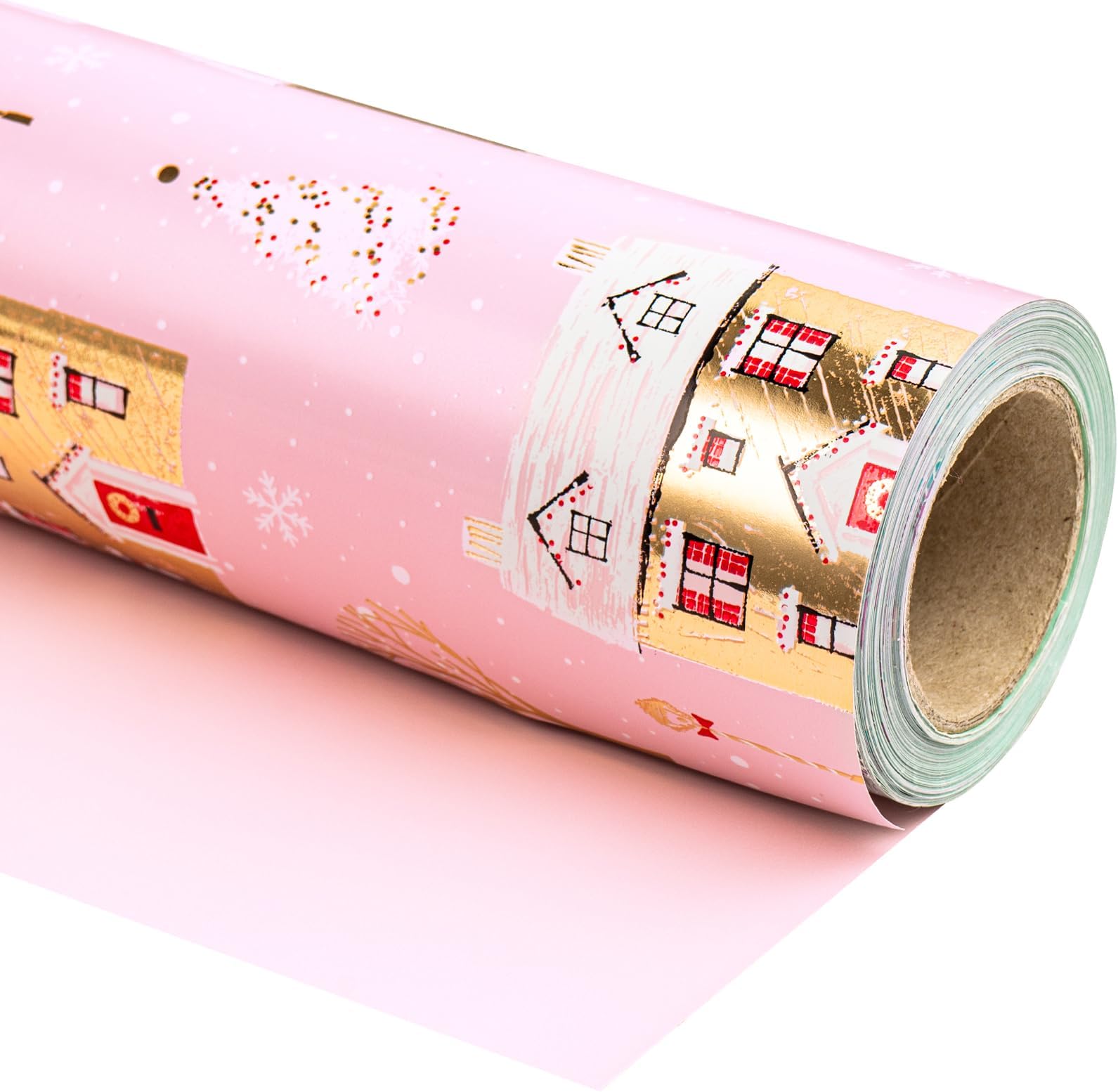 30 Inch Jumbo Reversible Christmas Wrapping Paper - 30 Inch x 100 Feet Jumbo Roll Pink House and Solid Pink Wrapping Paper with Metallic Foil Shine for Chrsitmas, Holiday, Party