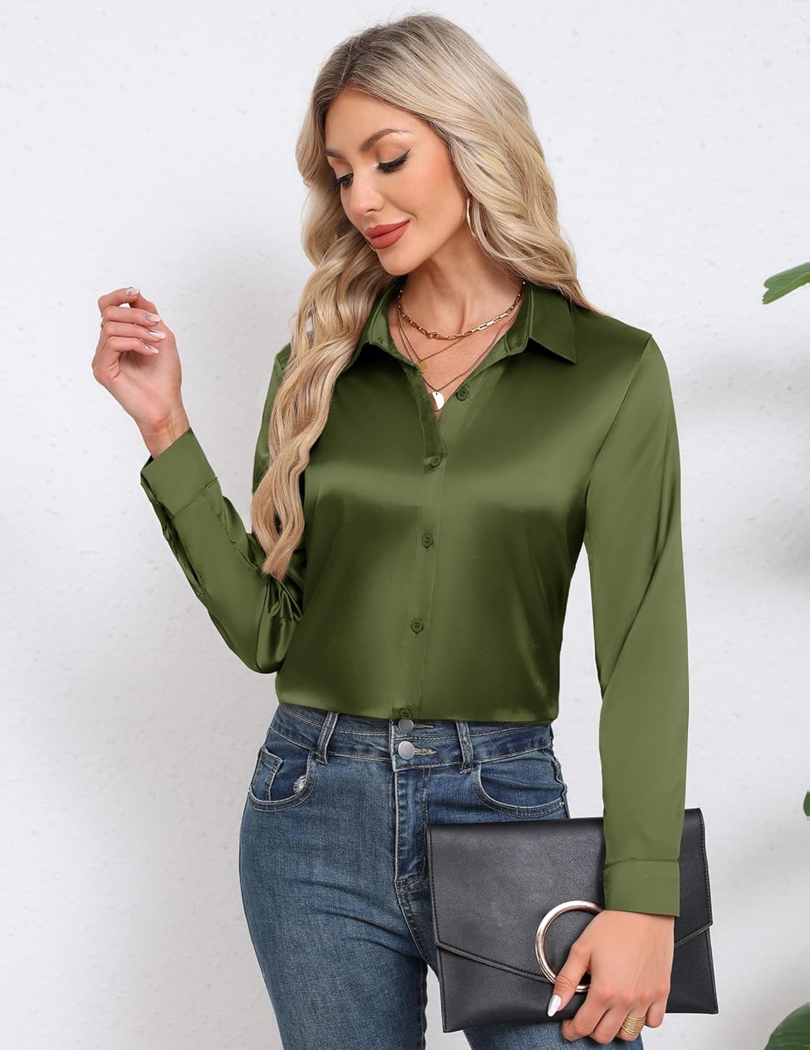HOTOUCH Button Down Shirts for Women Satin Silk Collared Dressy Casual Blouses Loose Long Sleeve Office Work Tops - Image 2