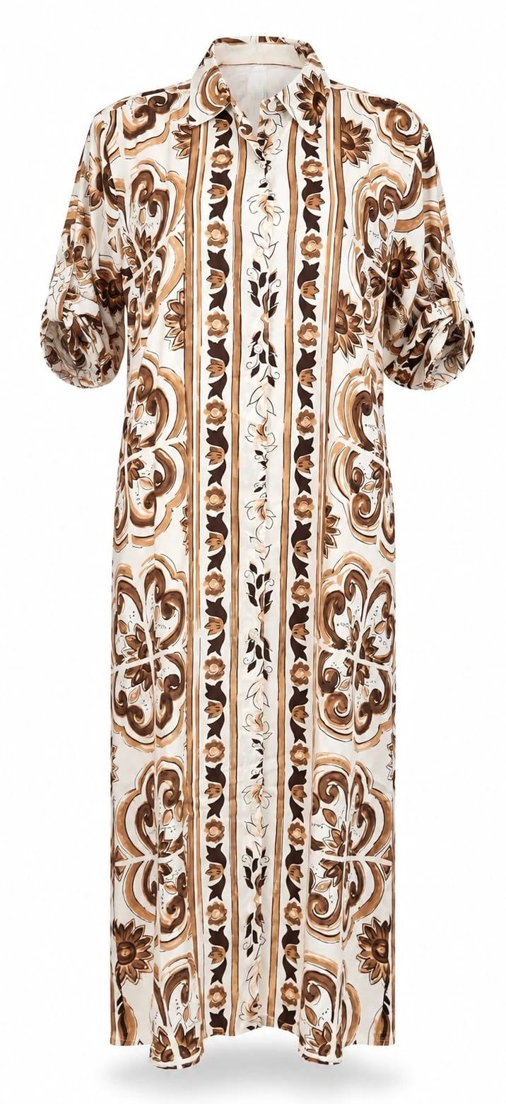 Linea Positano Copricostume Lungo Donna Abito Camicia in 100% Puro Cotone Leggero Maniche 3/4 Regolabili Vestito Mare Stampa Maiolica Barocca Taglia S/M