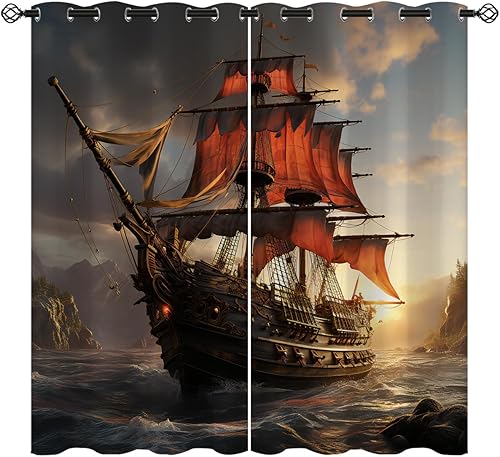 Miniatura 9 de Cortinas opacas piratas para decoración del hogar, diseño náutico de pulpo con ojales, aislamiento térmico, para dormitorio, sala de estar, 42 x 45