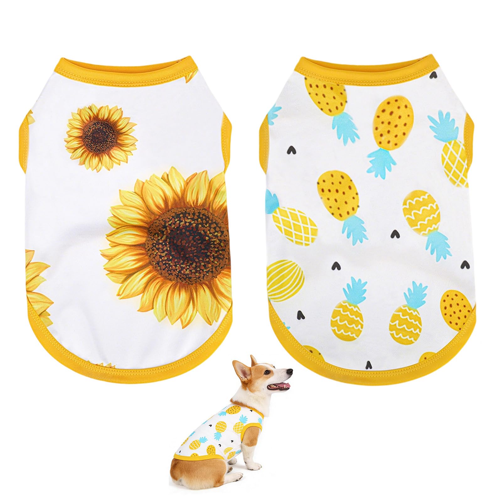 2 Pieces Dog Clothes Set,Cute & Breathable Pet T Shirt Puppy Clothes with Pineapple & Sunflower Design,Lovely Summer Clothes for Small,Medium Dogs and Cats (S)