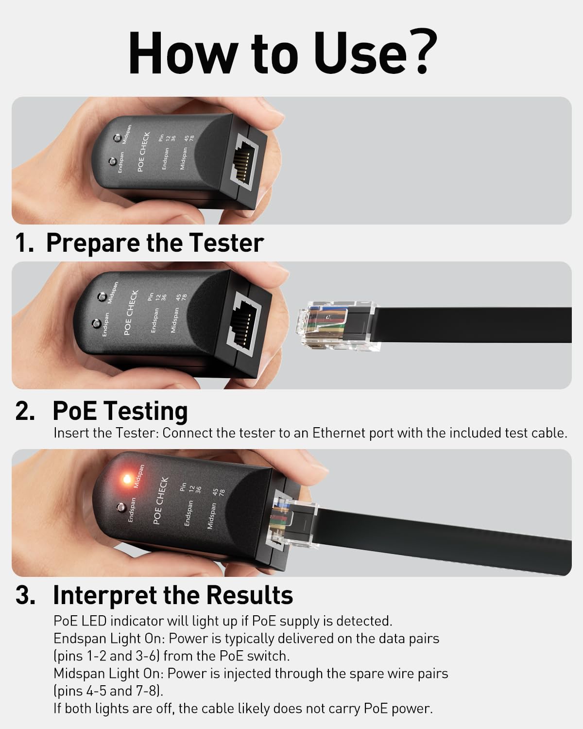 VCELINK PoE Tester con Cavo di Prova, Rilevatore di Stato Power Over Ethernet per il Rilevamento di Mid span o end span, PoE TEST-CE-EMC, Certificato RoHS 2.0, Nero, 1 pezzo