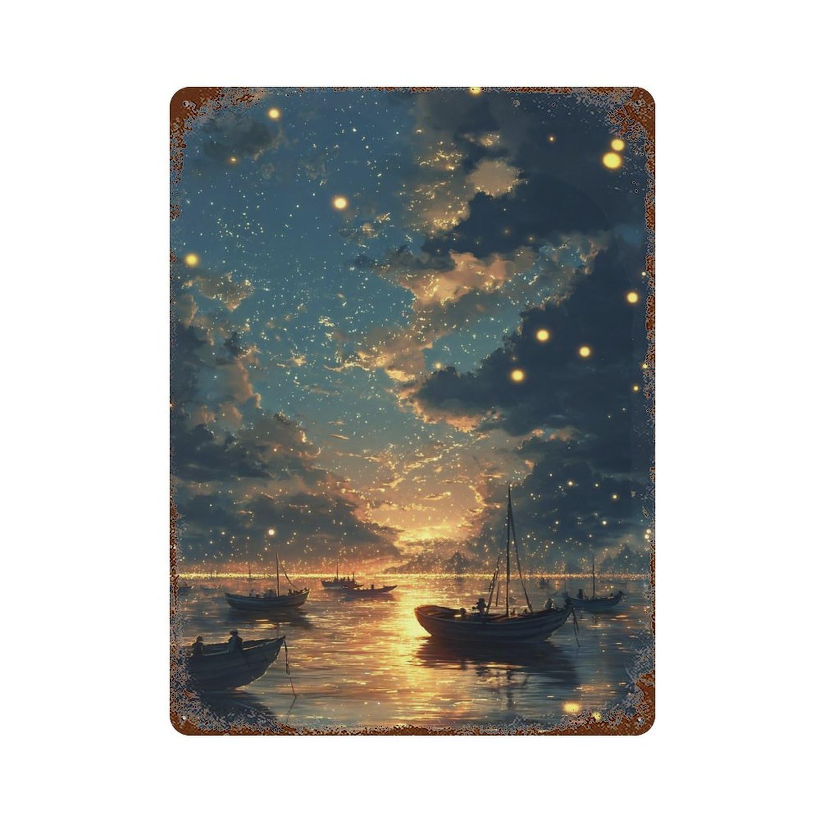 Magical Night Sky Over The Sea Rustic Tin Plaque 15.7"x11.8", Ideal for Patio, Garden Room And Bar Decor