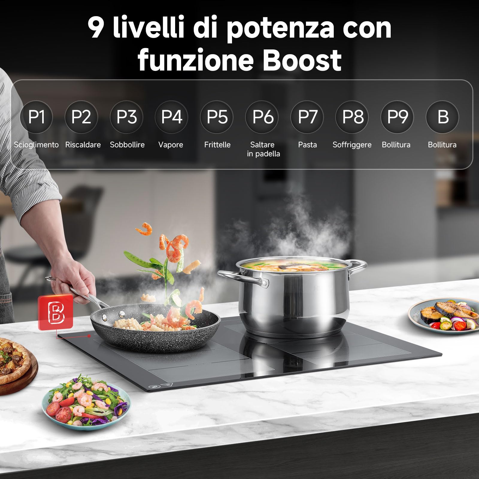 AMZCHEF Piano cottura a induzione 4 fuochi con 2 zone flessibili, con funzionamento silenzioso, 9 livelli di potenza e funzione booster - funzione BBQ, pausa e mantenimento in caldo, 60cm, 7400W