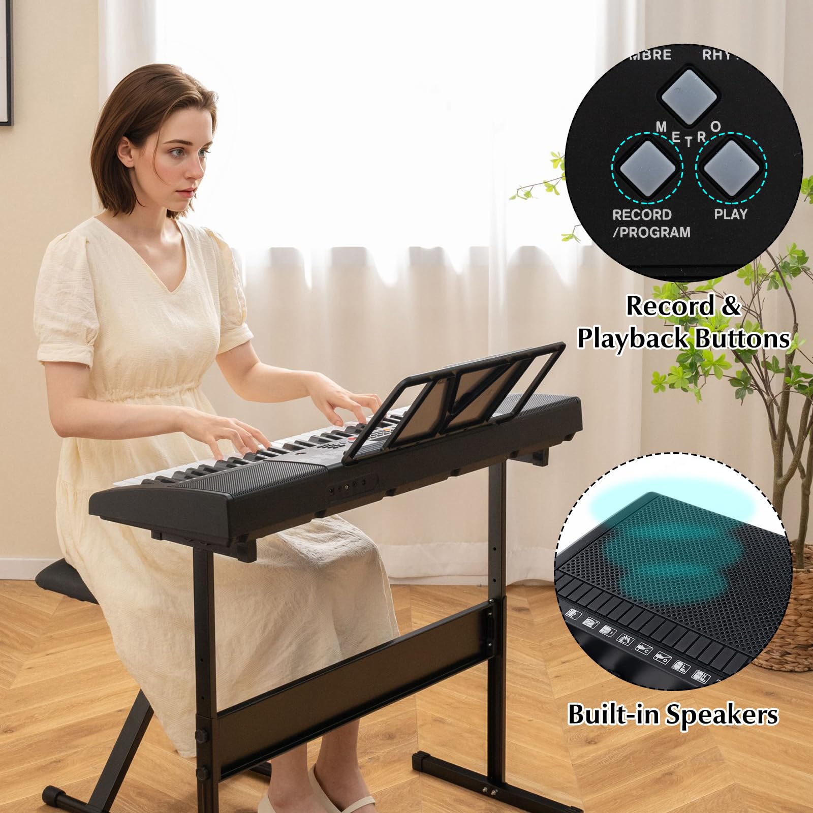 KOMFOTTEU Piano Digital de 61 Teclas, Teclado Electrónico con Soporte y Taburete, Piano Electrónico con Micrófono y Auriculares, 600 Tonos y 400 Ritmos, 50 Canciones Demo