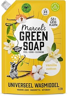 Marcel's Green Soap Universalwaschmittel Nachfüllpack Vanille & Baumwolle – 1 L Refill (23 Waschgänge) – vegan, palmölfrei, mikroplastikfrei – gegen Flecken, ab 20 °C – spart 56% Plastik