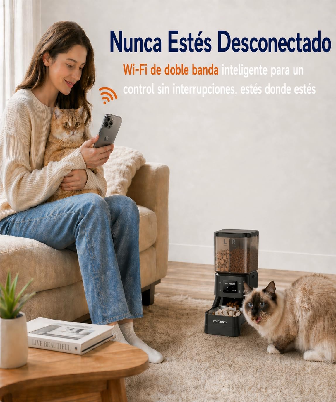 4L Comedero Gato Automatico con Doble Tolva, 5G/2.4G WiFi Inteligente Dispensador Comida Gatos Automático, Control de App, 1-10 Comidas al Día, Alimentación Lenta, Cubeta de Acero Inoxidable