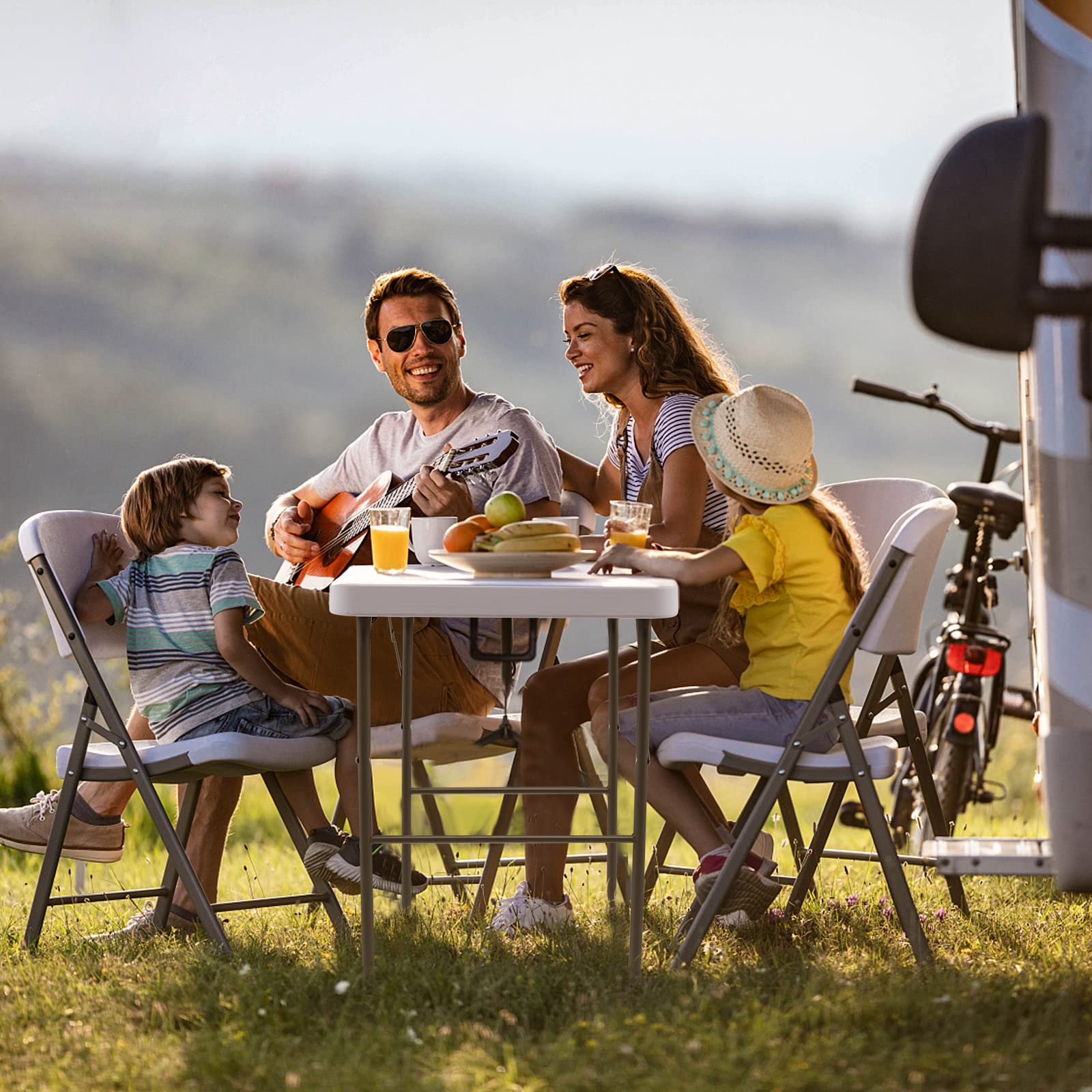KOMFOTTEU Mesa de Camping Plegable Portátil Con Grifo Giratorio, 2 Fregaderos, Escala de Medición y Cubo de Basura - Para Picnic, Barbacoa, Pesca y Fileteado