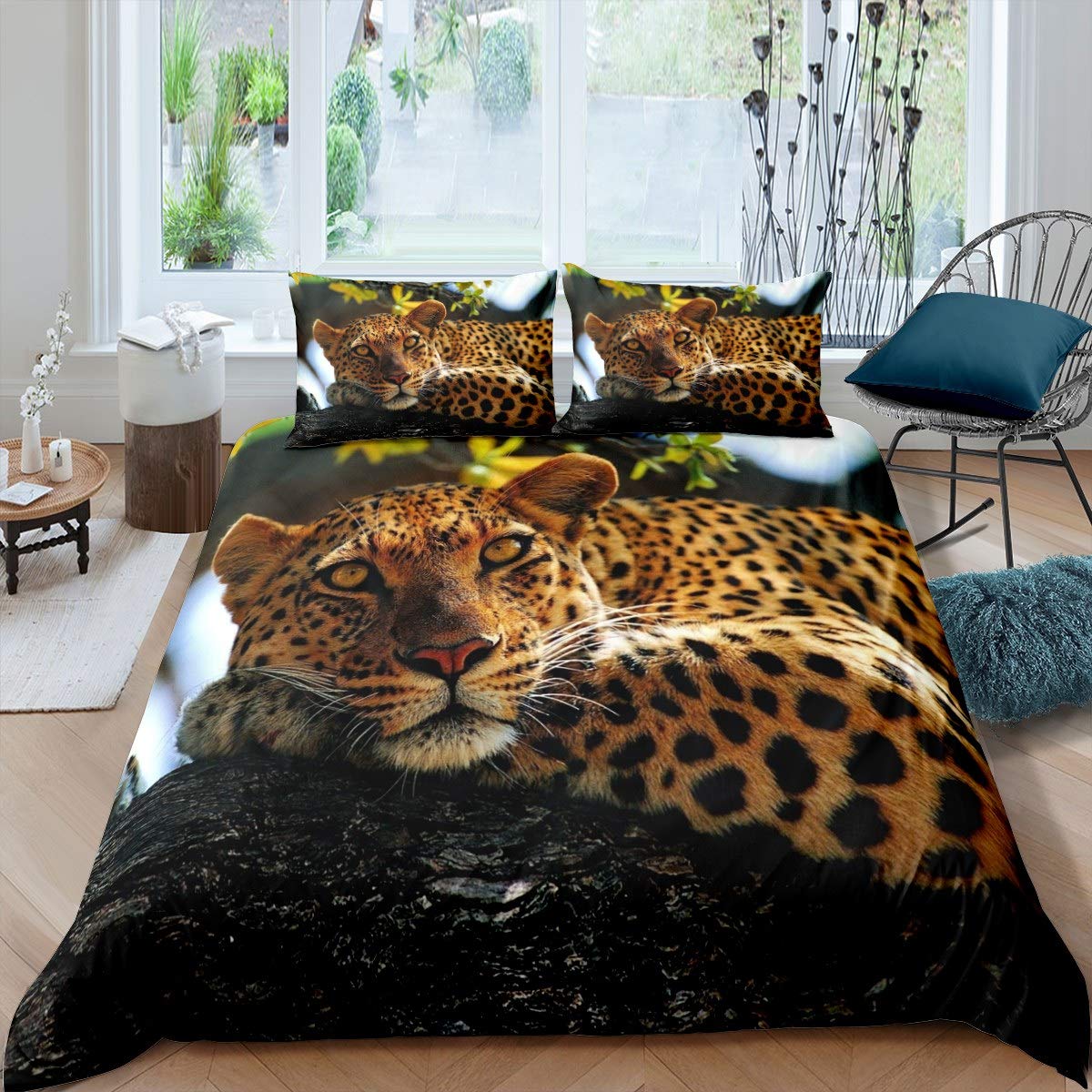 Homemissing Boys Multicoloured 14 Kids Leopard Bedding Set Fierce Cheetah Duvet Cover Set For Children Youth Man Safari Wild Animal Comforter Cover Branches Quilt Cover 3Pcs Bedding King