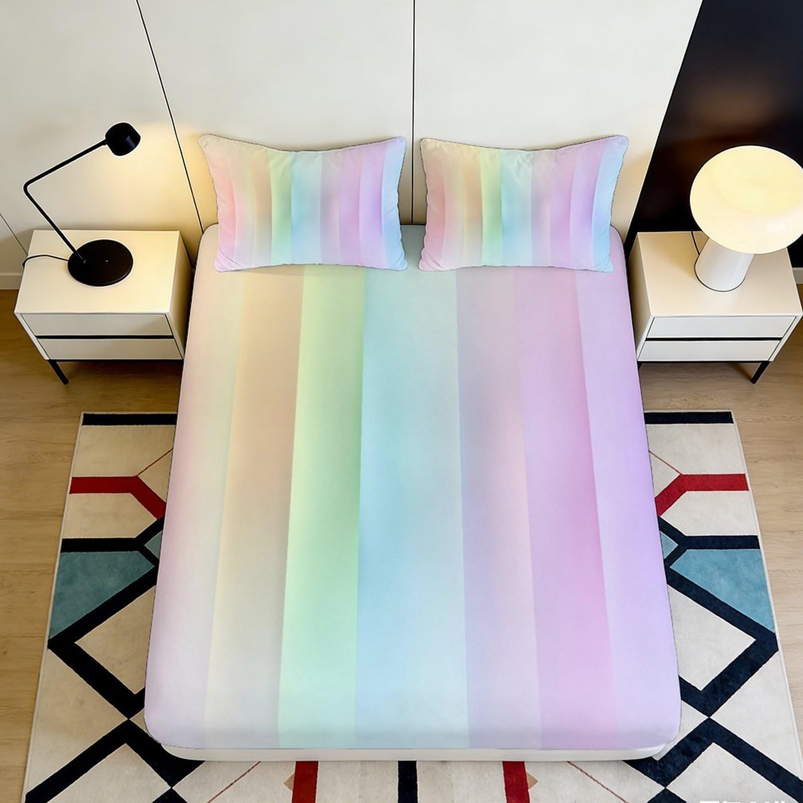 3D Printed Pastel Rainbow Fitted Sheet Microfiber Soft Breathable Gradient Bed Cover for Bedroom Dormitory Guest Room Mattress Protection Decor 180x200x25cm