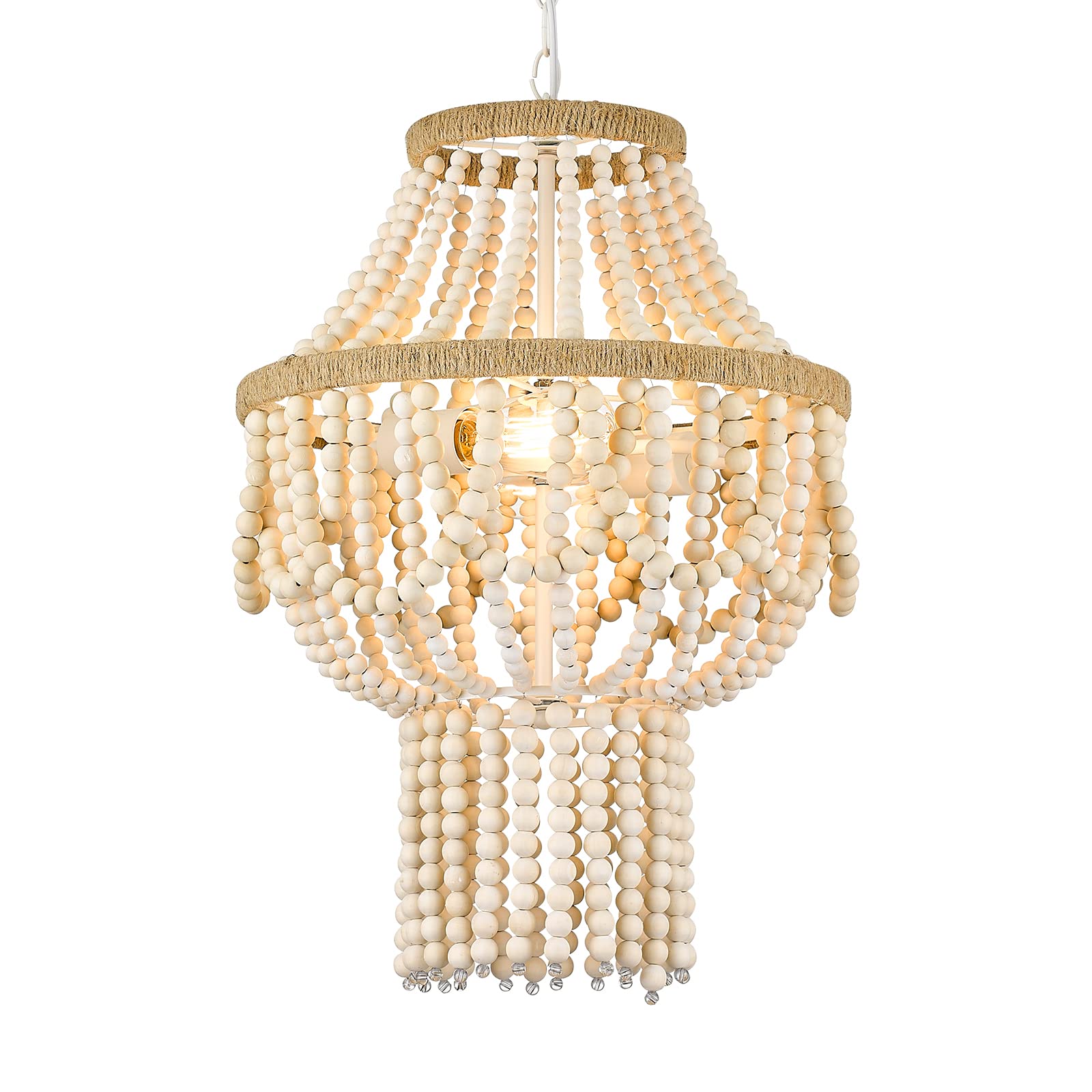 ELYONA Bohemia Birch Wood Beaded Chandelier, 16" Coastal 3-Light Pendant Light Feature, Farmhouse Light Fixtures for Bedroom, Kitchen, Dining Room, Living Room, Entryway, White