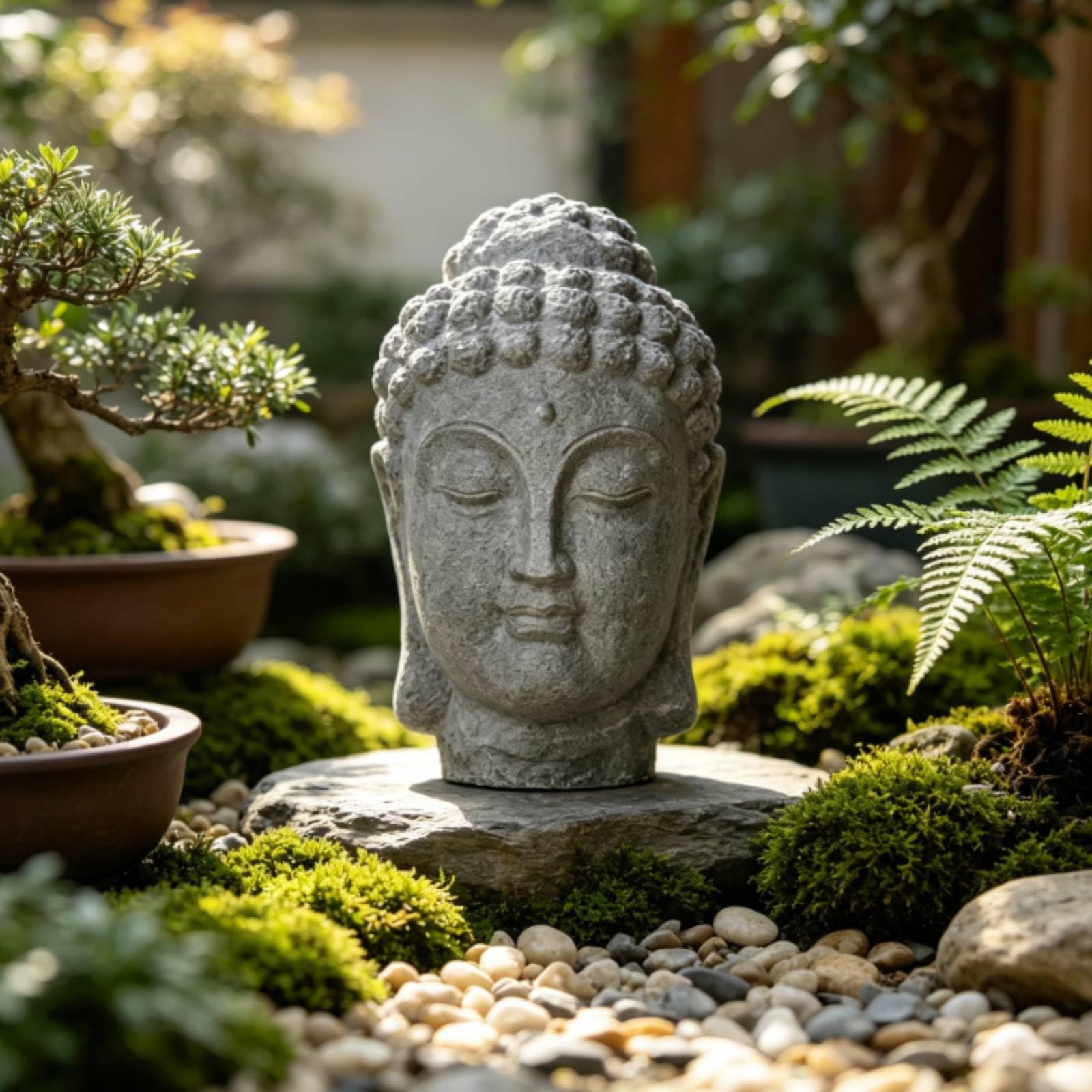TISHITA Buda Cabeza Estatua Decorativa Escultura Ornamental Figura Tallada Ornamentación en Relieve con Textura de Piedra Base Rectangular Estilo Envejecido, Buda A