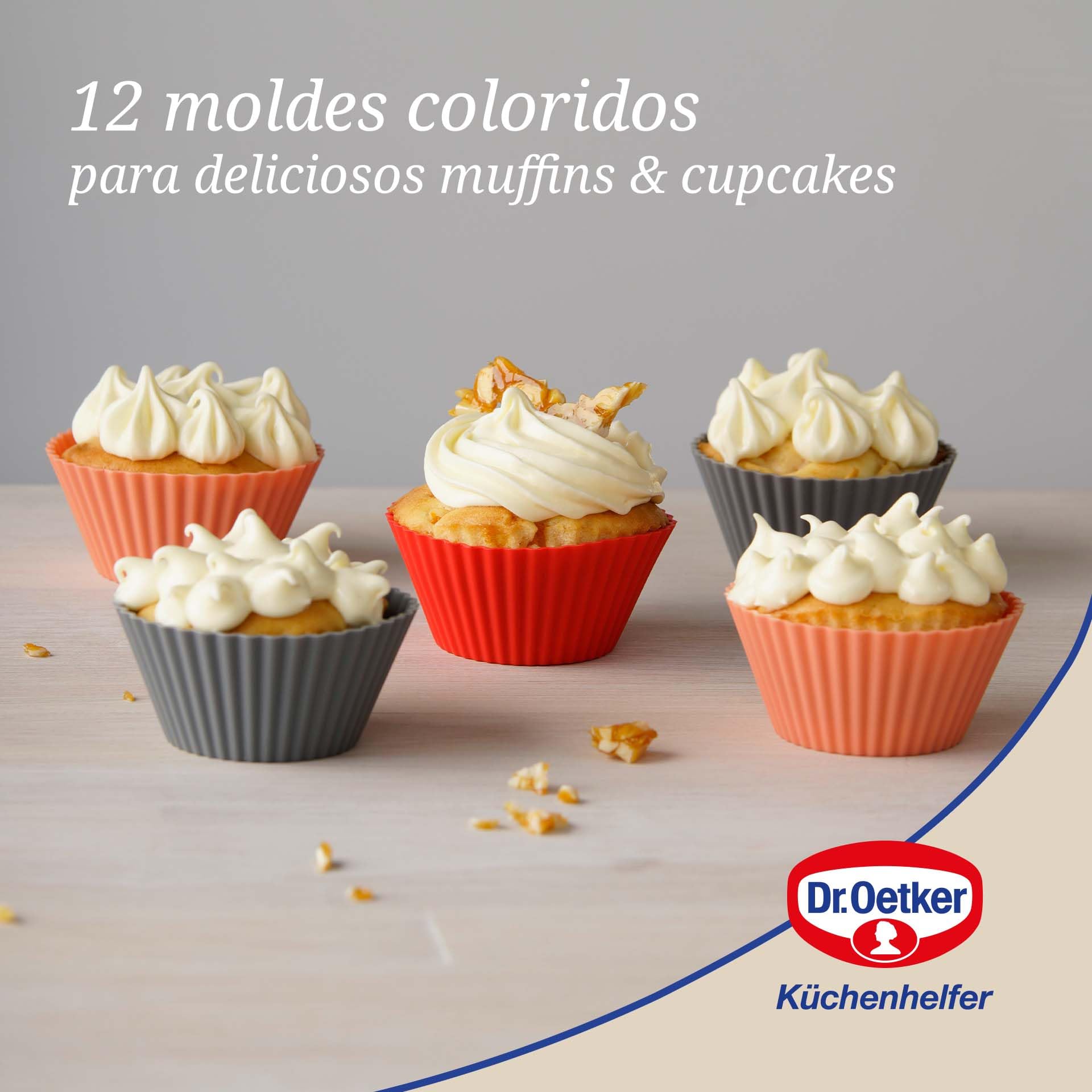Dr. Oetker Capsulas de Silicona para Magdalenas, moldes Individuales para Hornear Muffins o Cupcakes, en Colores, 6,5x4cm, 12uds Platinum, Surtidos en Gris, Naranja y Rojo, 6,5 x 6,5 x 4 cm (1263)