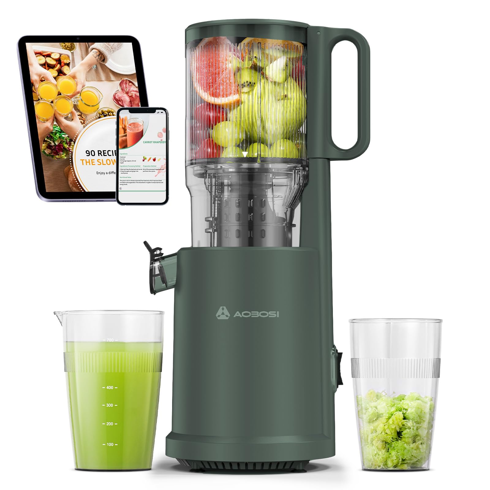 Aobosi Estrattore Frutta e Verdura, Estrattore di Succo a Freddo con Motore Silenzioso e Funzione Inversa, senza BPA & Facile da Pulire & Spazzola（150 Watt/Verde）