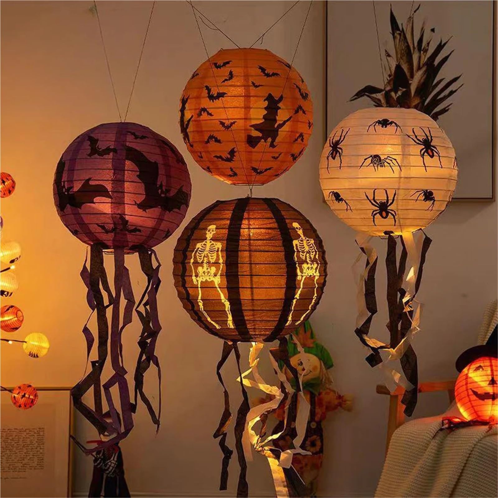 Lanterne di Carta da 10 Pezzi per Le Feste | Lanterna scheletro di pipistrello ragno zucca for decorazioni for feste (non includere luce)