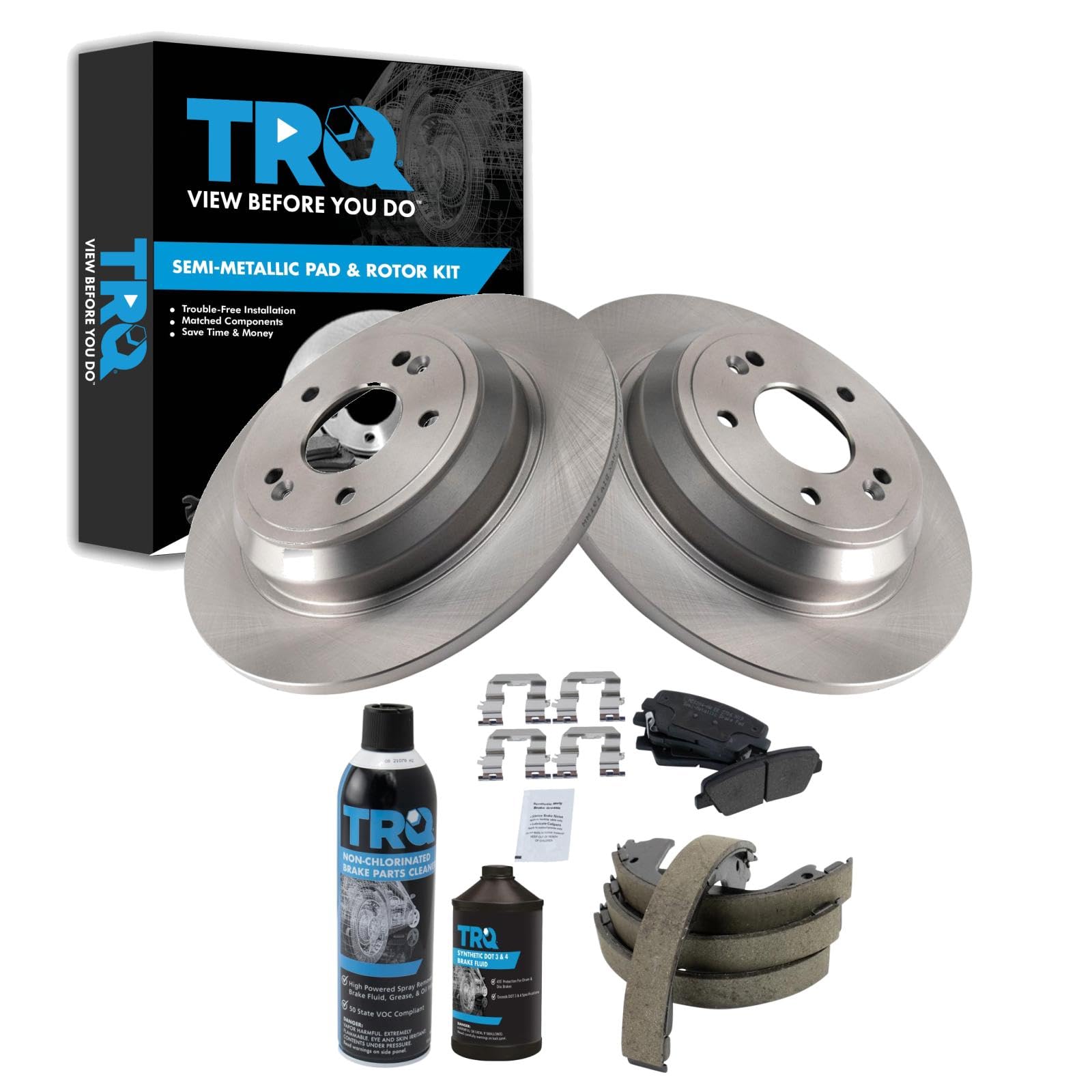 TRQ Rear Brake Pad &amp; Rotor Kit, with Chemical Kit Parking Brake Shoe Set Semi-Metallic Compatible with 2009 Hyundai Genesis