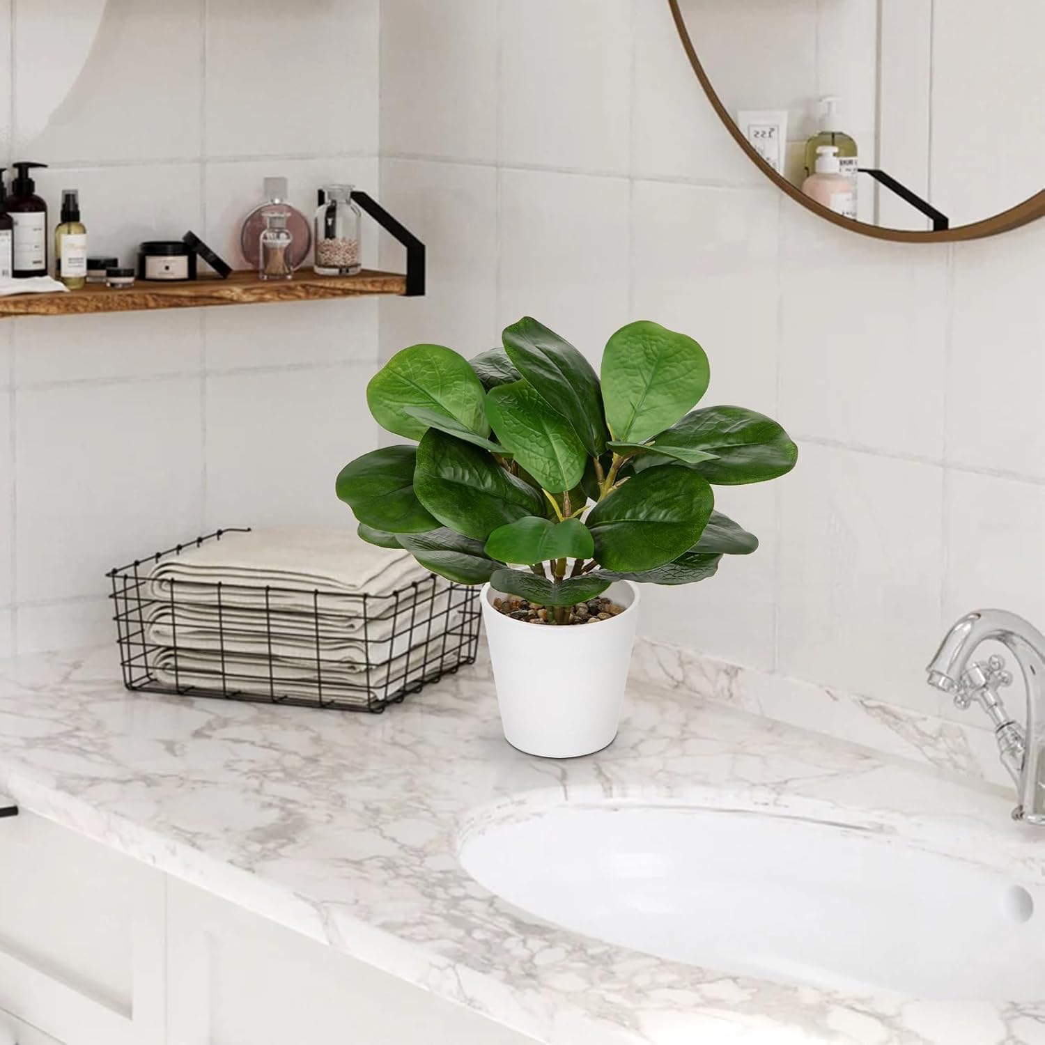 GnFlus Artificial Plants Set of 2 Fake Fiddle Leaf Fig with White Pots Faux Potted Plants for Home Office Garden Indoor Outdoor Desk Decoration Green