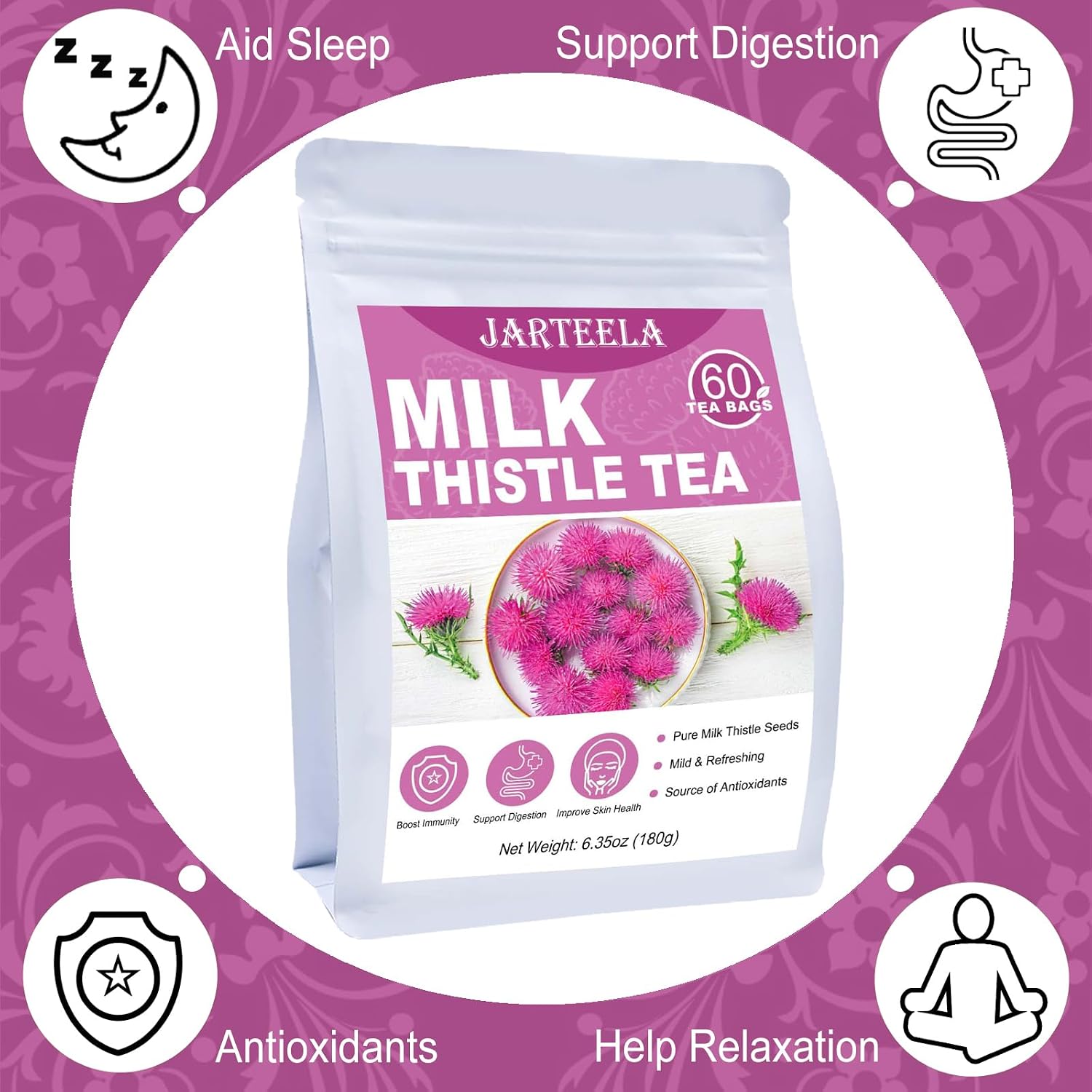 Jarteela - Milk Thistle Tea Bag, 3g x 60 Count - Pure Milk Thistle Seeds - Natural Herbal Tea Bags - Non-GMO - Caffeine-free Tea (Pack of 2)