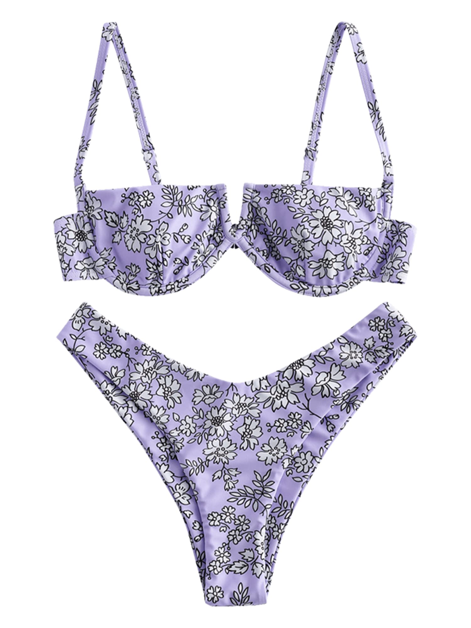 ZAFULWomen's Underwire Bikini Floral High Cut Bikini Set V-Wired Two Piece Swimsuit Bathing Suit