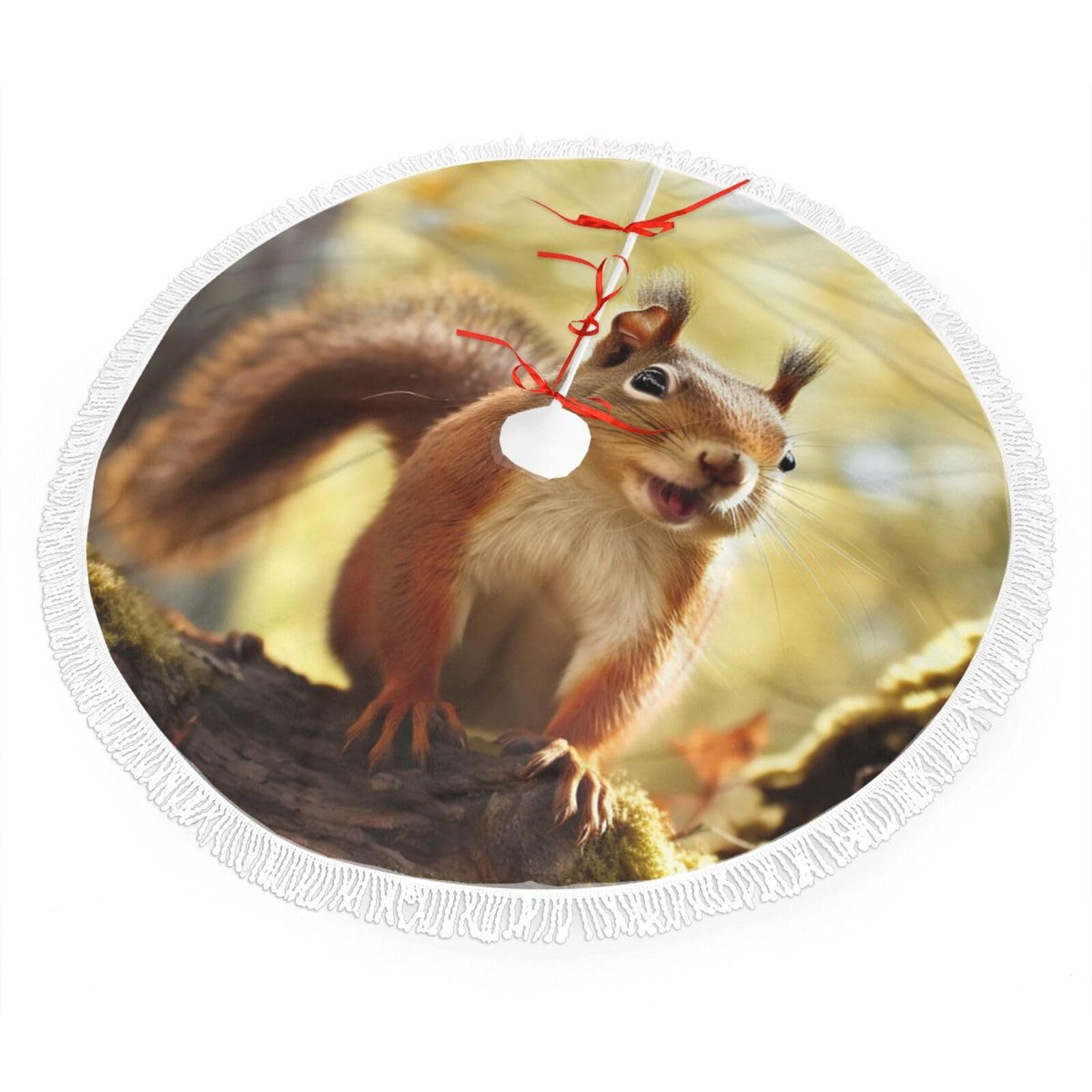 Funny Squirrel Christmas Tree Skirt 36", Soft Plush Xmas Tree Carpet with Tassel Christmas Ornaments Winter Holiday Tree Mat Decoration for Home Party Supplies