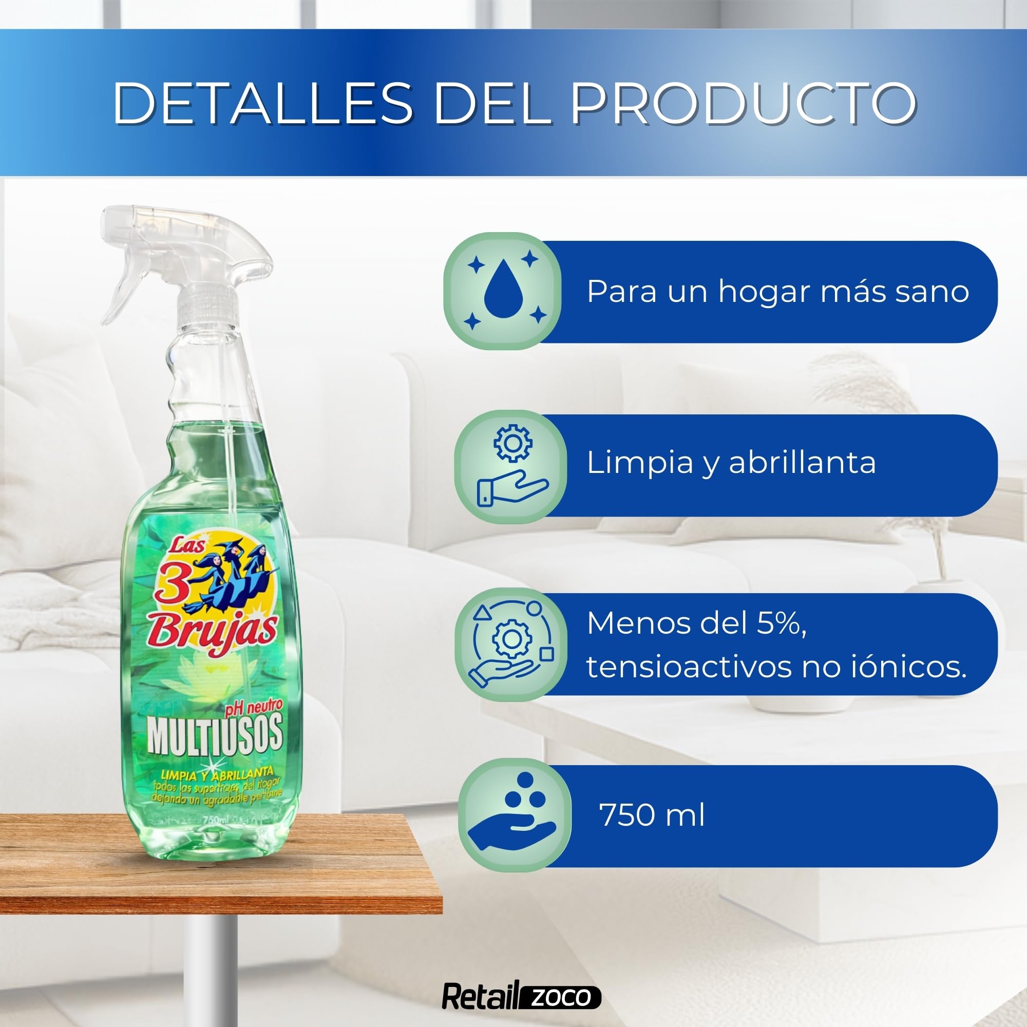 Limpiador multiusos en Spray, Limpiador Las 3 Brujas, Limpia y Abrillanta todas las superficies del hogar dejando un agradable perfume, pH Neutro, Pack de 3 botes de 750 ml