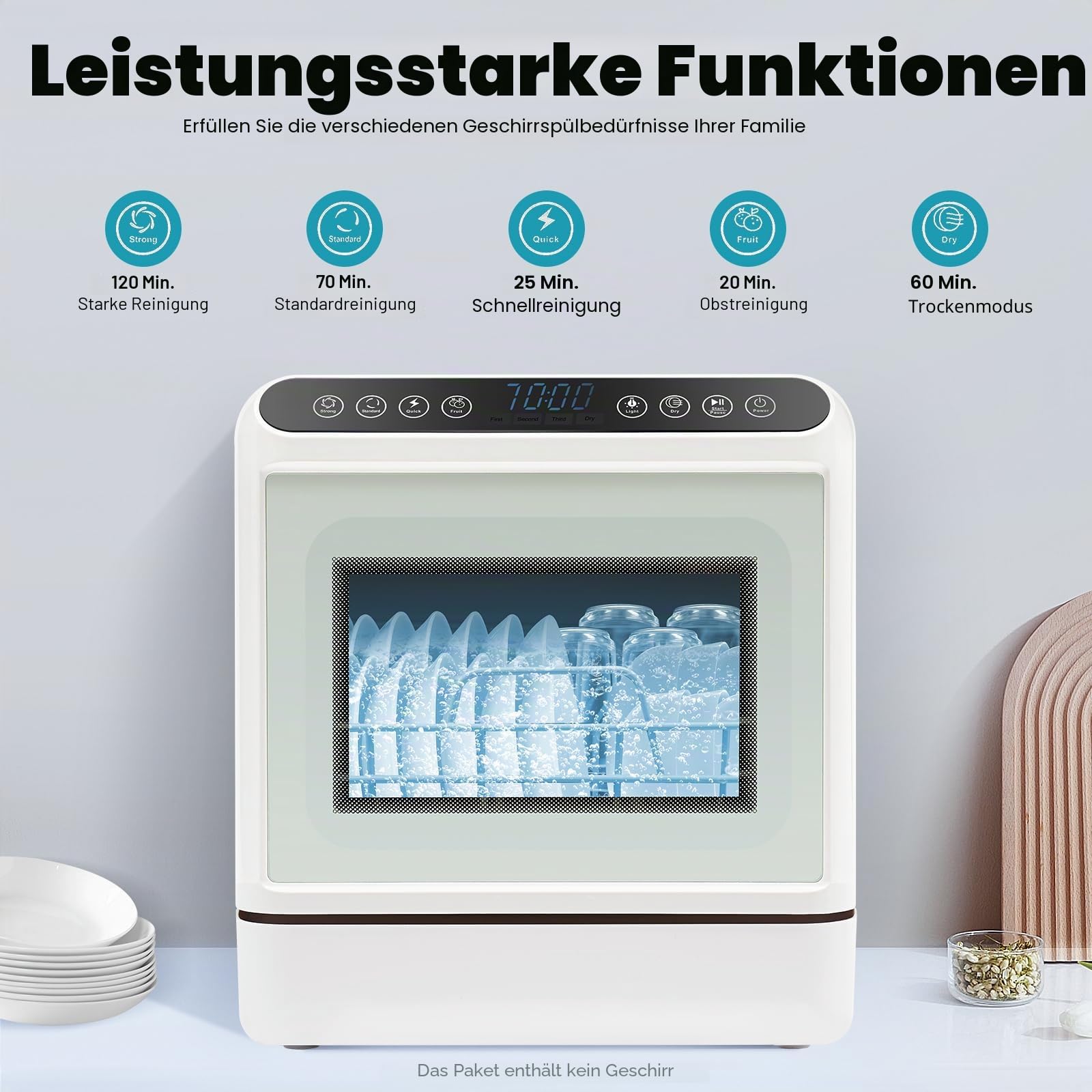 Mini Geschirrspüler, Tischgeschirrspüler 4-6 Personen, Energieeffiziente Tischspülmaschine mit 4 Programmen, Heißlufttrocknung und 72h Antibakteriell, Weiß