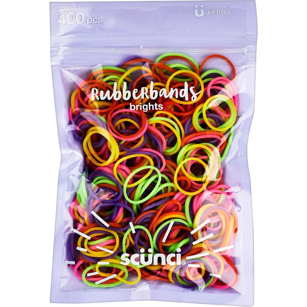Scunci Kids Polyband Rubber Hair Ties, Bright Neon Colors, 400 Count – No Damage, Tangle-Free, Soft Stretch Elastics for Braids & Ponytails