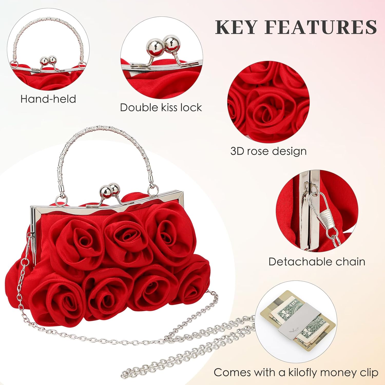 kilofly Rose Clutch Evening Purse Satin Small Bag with Detachable Strap Money Clip
