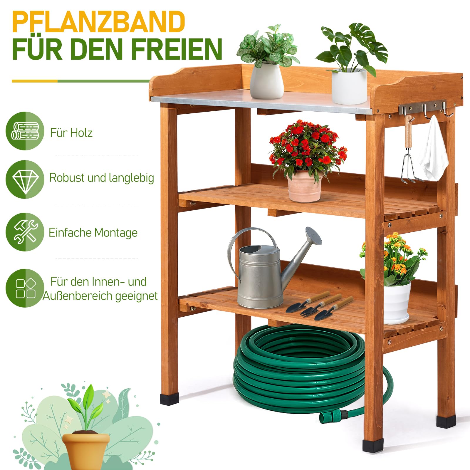 LEADZM Pflanztisch Outdoor wetterfest 74 x 36 x 90 cm - Verzinkte Arbeitsplatte, zweistufiges Regal und 3 Haken, pflanztisch für Garten/Balkon/Terrasse (Holzfarbe)