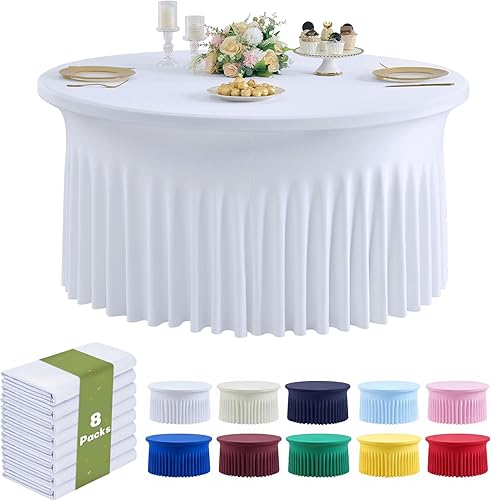 Paquete de 8 manteles de elastano blanco para mesa redonda de 72 pulgadas, manteles ajustables de 132 pulgadas para fiesta de boda, mantel de