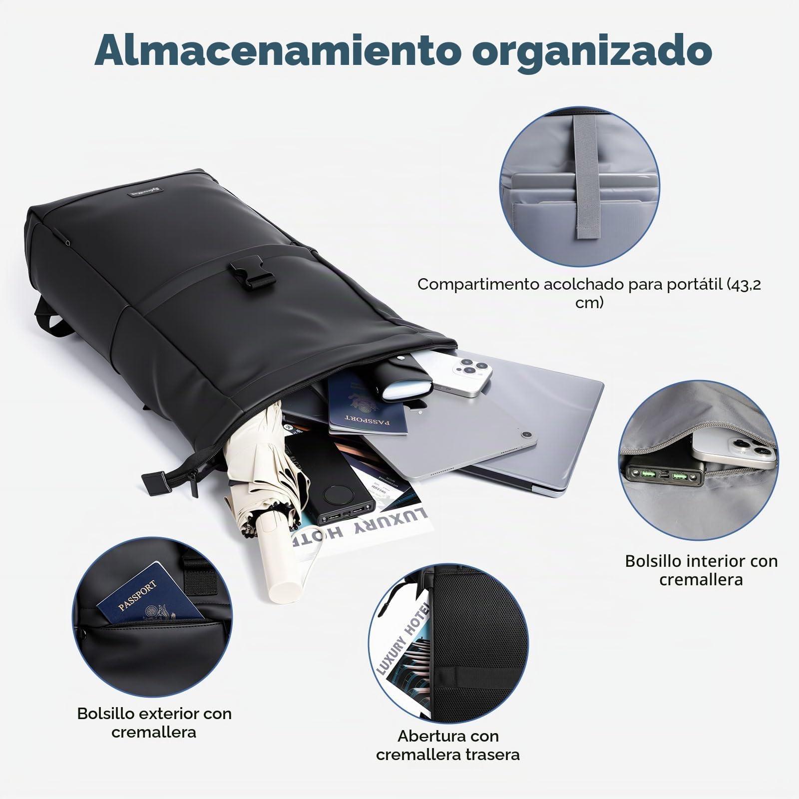 Mochila Enrollable, Mochila Impermeable Antirrobo para Hombre Mujer, Mochilas Roll Top Expandible 18-25L, Mochilas Portatil para Viajes, Trabajo, Escuela y Negocios - Negro