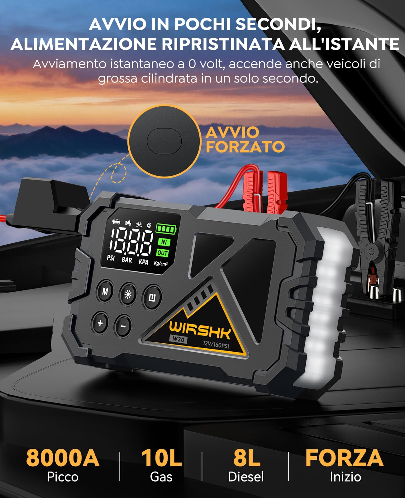 Avviatore Batteria Auto 8000A con Compressore Aria 160PSI,Jump Starter 12V per Benzina 8.0L e Diesel 10L,Display LCD Multifunzione con Visualizzazione Precisa,LED