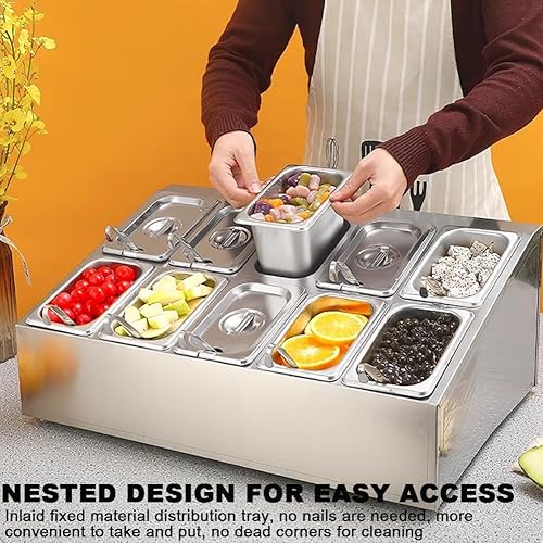 Miniatura 3 de Contenedor de exhibición de alimentos para encimera de 12 x 1.6 L, dispensador de condimentos de acero inoxidable con tapa y cuchara, bandeja de
