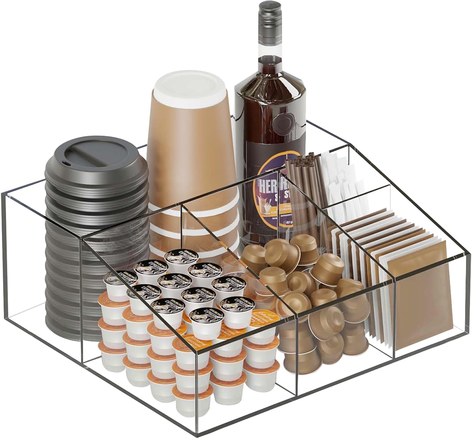 DreamShore Acrylic Coffee Bar Station Organizer for Countertop, Home & Office Breakroom Coffee Bar Accessories Organizer for K-cup Pod, Condiment, Cup, Sugar, Creamer Syrup, Gift for Coffee Lovers