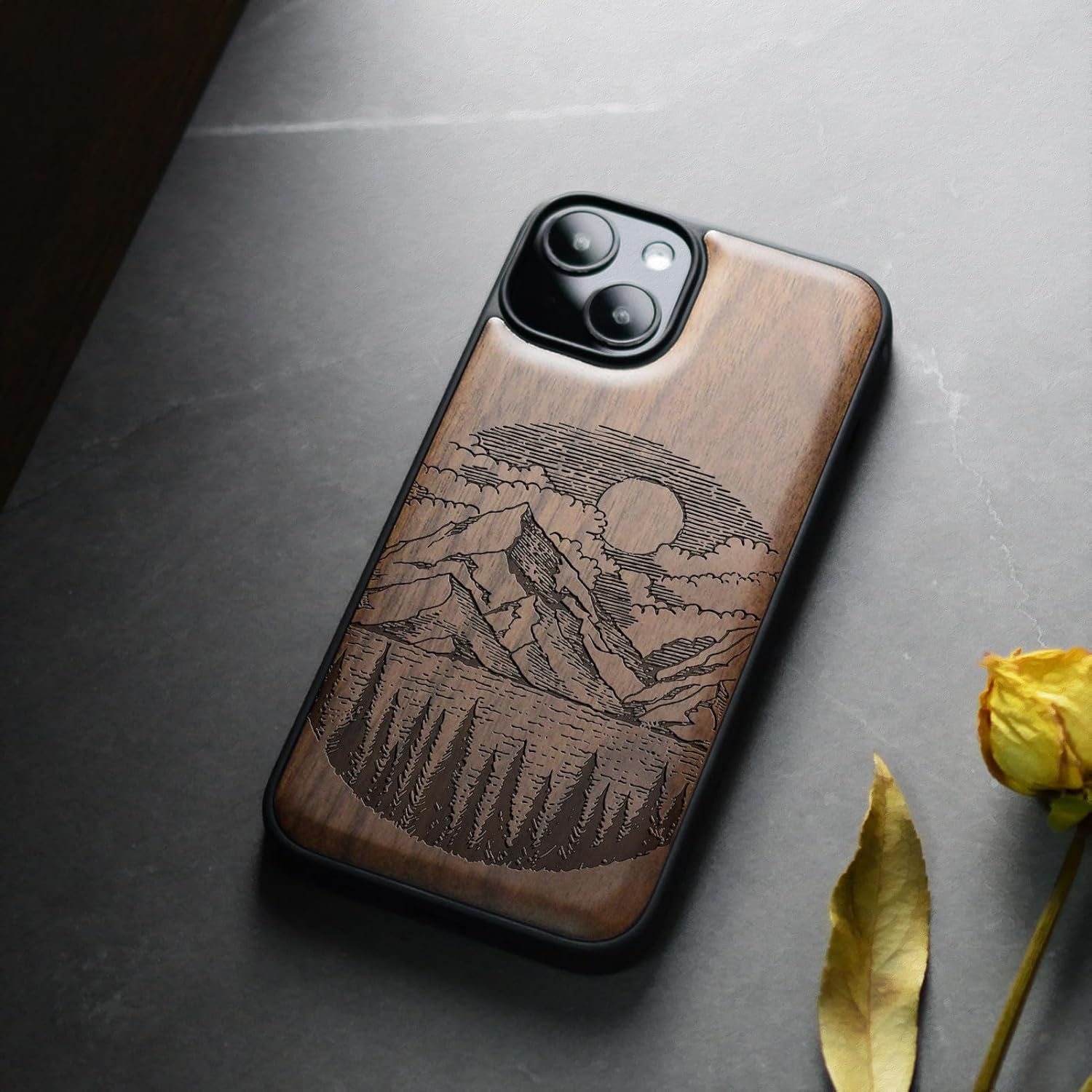 Carveit Magnetic Wooden Case for iPhone 15 Case, Compatible with MagSafe Wireless Chargers, Black Soft TPU Shockproof Cover & Wood Artisan Engraved (Alpine Lake) - Walnut