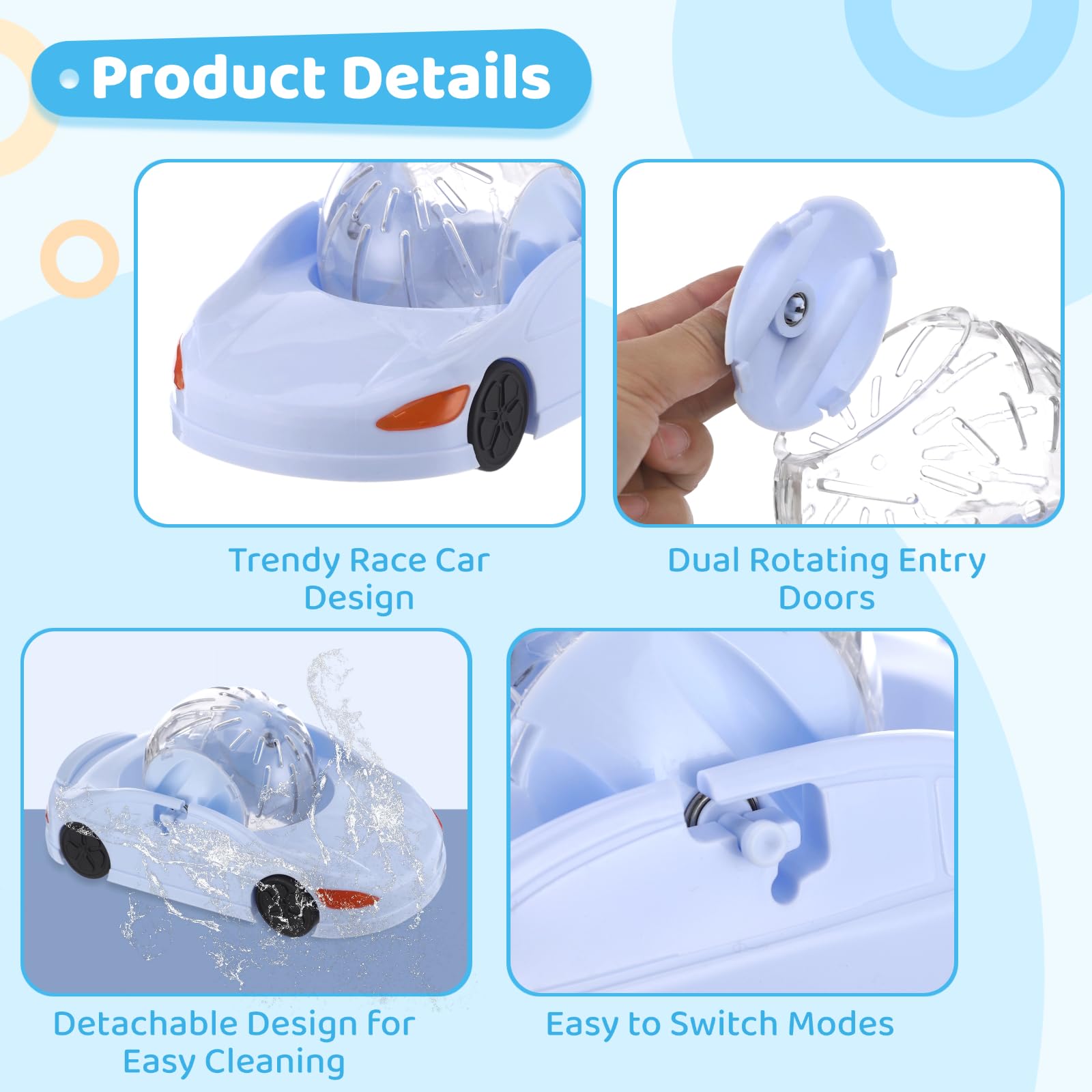 Hamster-Laufrad, Hamster-Auto-Laufkugel mit transparenter Kugel, 3 Modi, Spielzeug für Zwerghamster und Rennmäuse, leise, Stabiler Stand, 360° Sicht, leicht zu reinigen, Blau