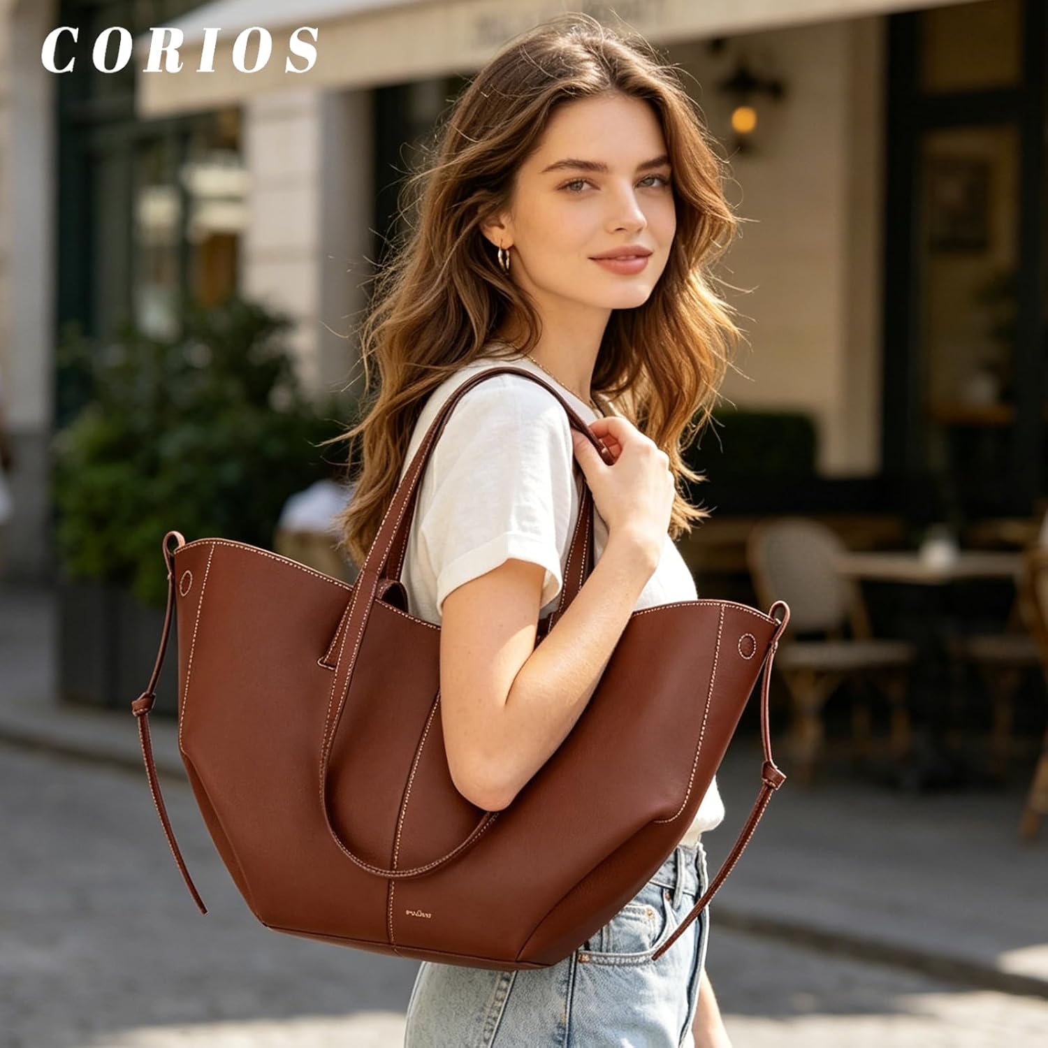 CORIOS Wing Bag Cowhide Tote Handbag Women Bucket Bag Leather Shoulder Bag Elegant Top-Handle Bag with Coin Purse 2pcs Set
