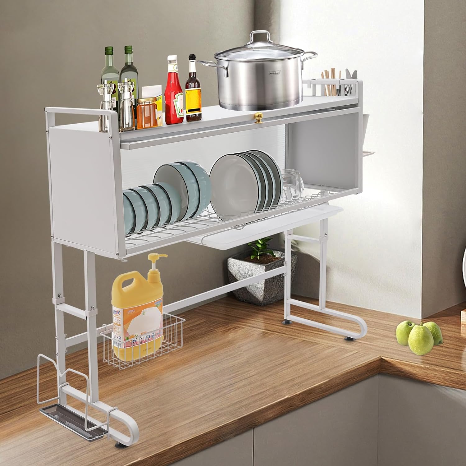 Adjustable Over The Sink Dish Drying Rack, 2 Tier Large Carbon Steel Dish Drying Rack with Cover Space Saver Dish Drainer Kitchen Organizer for Kitchen Storage Countertop Organization (White)