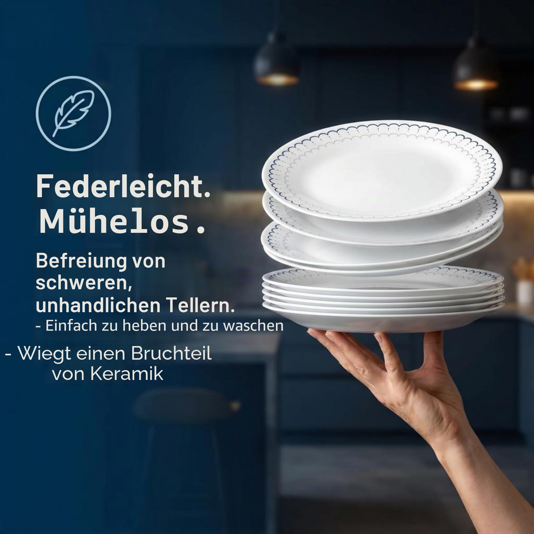 Corelle 18-teiliges Geschirr-Set, Service für 6 Personen, leichte, runde Teller und Schüsseln, Vitrelle dreilagiges Glas, splitterfest, mikrowellen- und spülmaschinenfest, kaspisch, marineblau, weiß
