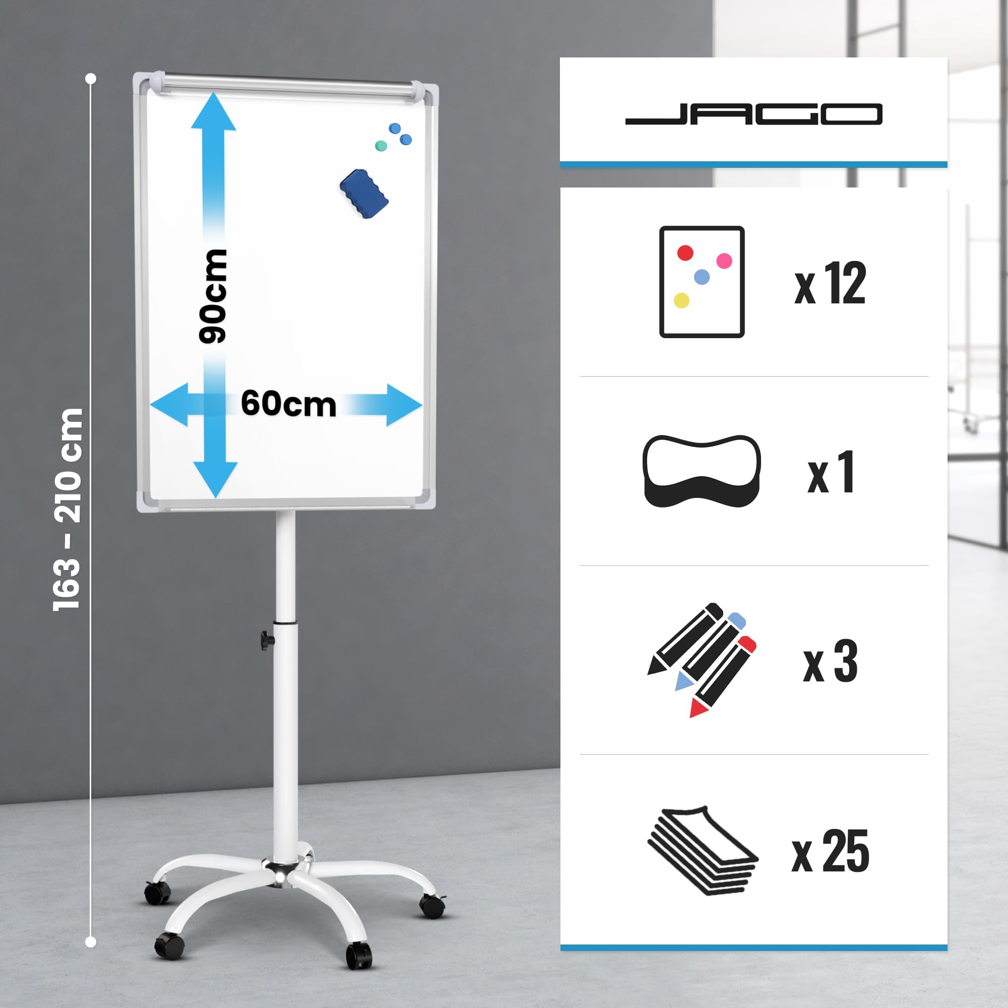 Jago® Lavagna a Fogli Mobili - con Ruote, 60 x 90 cm, Altezza Regolabile, 2 Bracci Estensibili, con Pennarelli, Magneti, Spugna - Lavagna Portablocco, Flipchart, Bacheca Magnetica