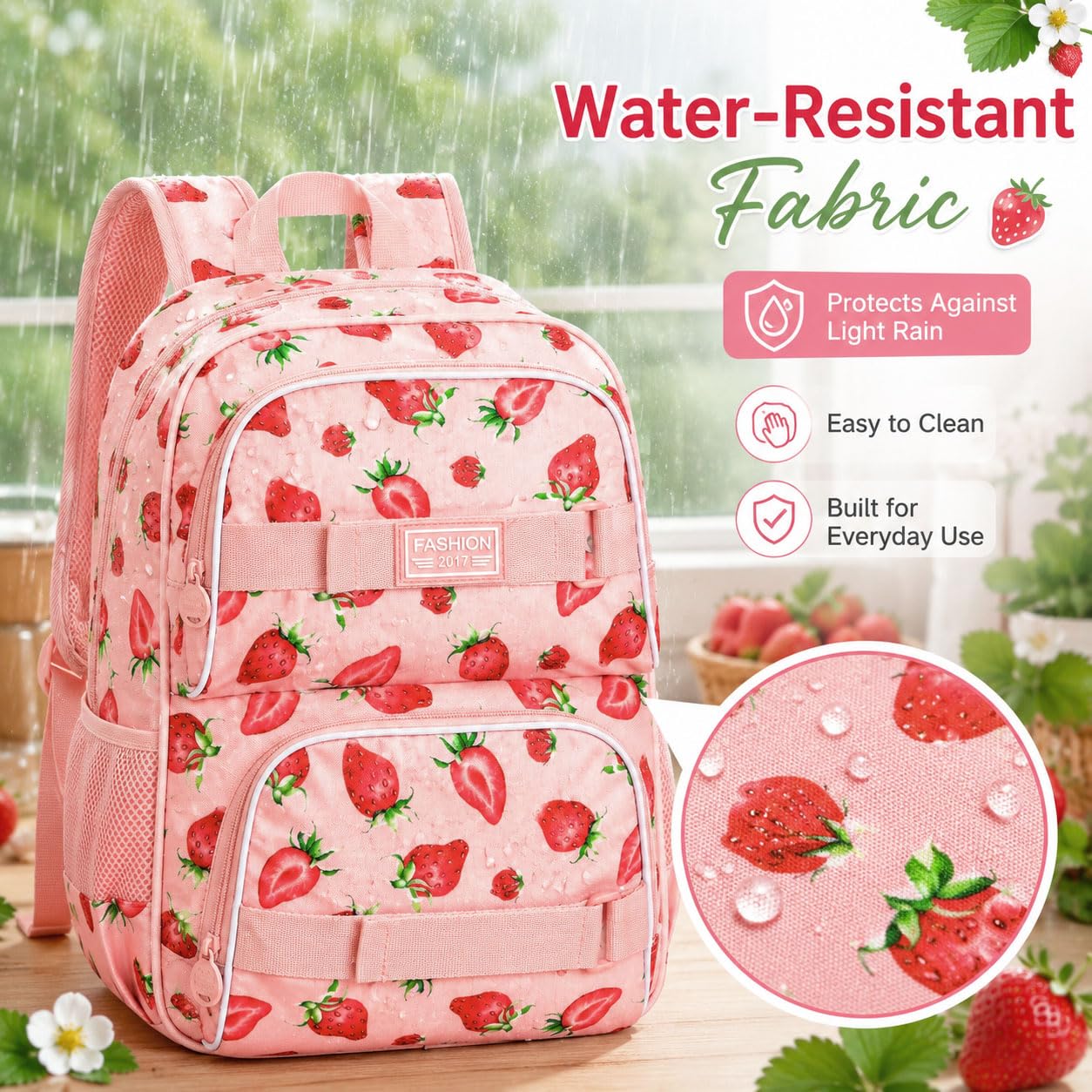 HPJGD Mochila escolar de 3 piezas para niñas, 17 pulgadas, resistente al agua, con fiambrera, bonito juego de bolsas de libros de fresas rosas para mujeres, adolescentes, escuela primaria secundaria,