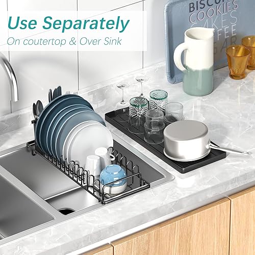 Miniatura 4 de Escurridor de platos pequeño, compacto con bandeja de silicona y cadena, escurridor multifuncional para fregadero para encimera de cocina y sobre el