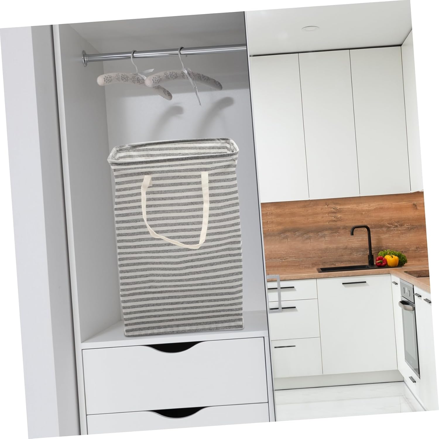 Foldable Clothes Storage Basket with Handles Wear Resistant Laundry Hamper for Bedroom and Bathroom Large Capacity Cotton Linen Grey Striped Container Space Saving and Portable