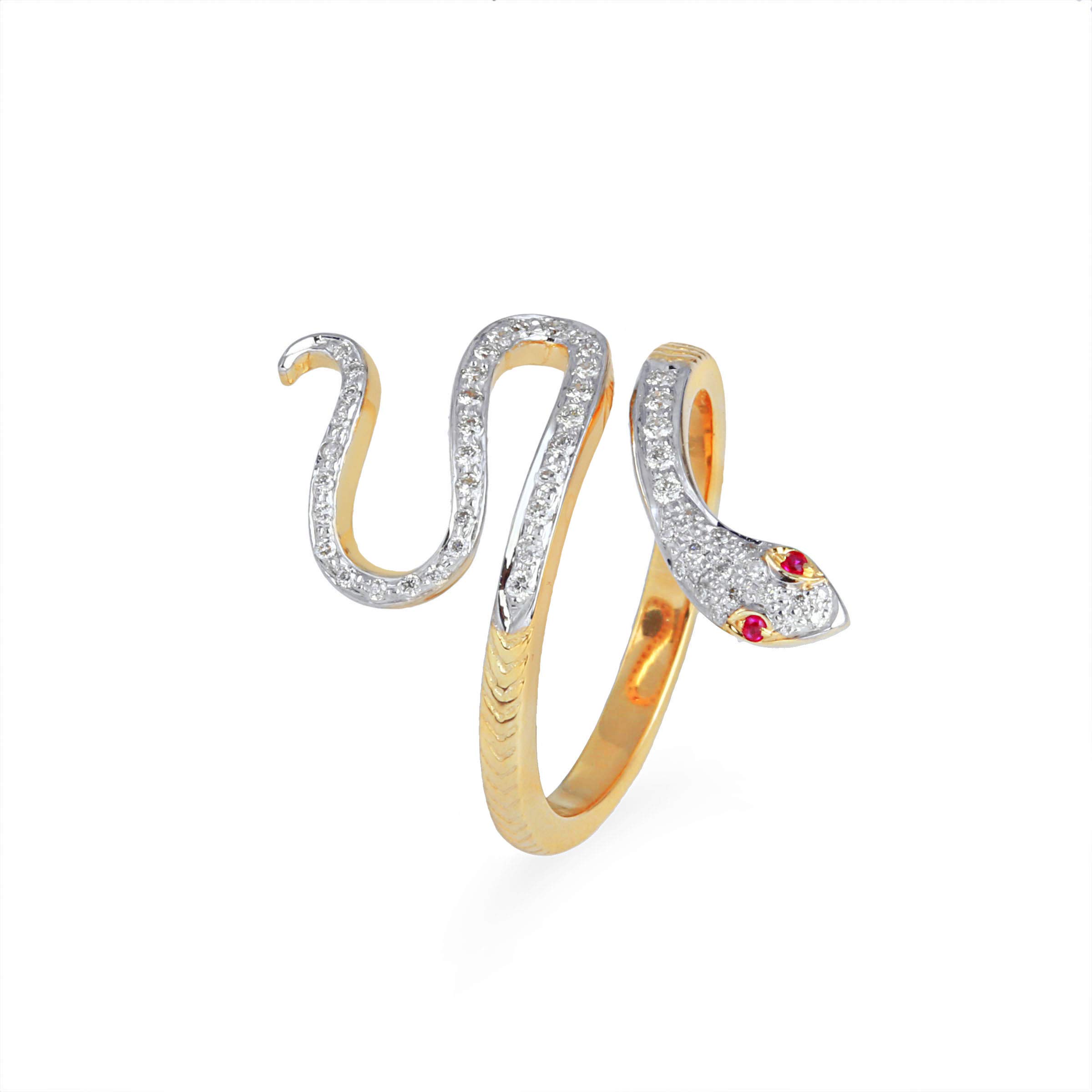 Shweta Creations Certified Handcrafted 14K Yellow Gold Crawling Snake With 0.25 Carat Natural Diamond (H I Color, Vs2 Si1 Clarity) And 0.02 Carat Real Ruby Eyes Designer Rings For Women