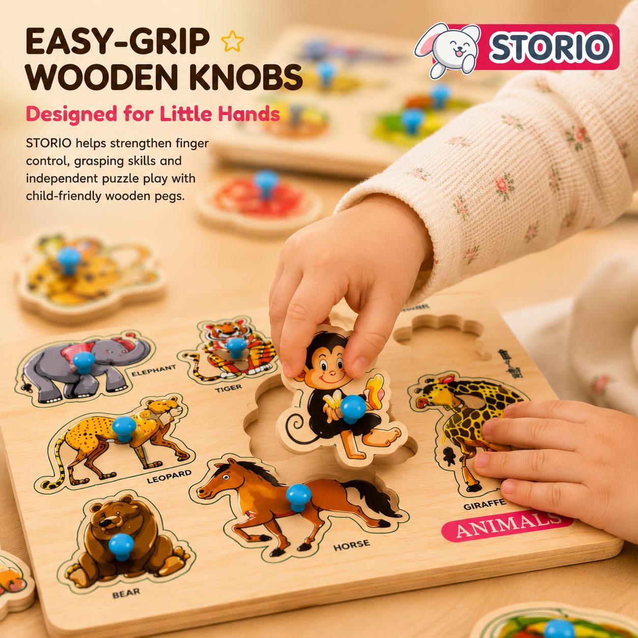 Storio Wooden Puzzle Combo Set for Kids, Vehicle Fruit & Animal Knob Puzzles, Montessori Educational Learning Toy, Fine Motor Skill Wooden Board for Toddlers Boys Girls Age 2+ Years — Amazon image 3