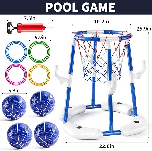 Miniatura 2 de Aro de baloncesto para piscina, juego de anillos flotantes 2 en 1 con 4 bolas y bomba, piscina al aire libre, juegos de baloncesto, juguete