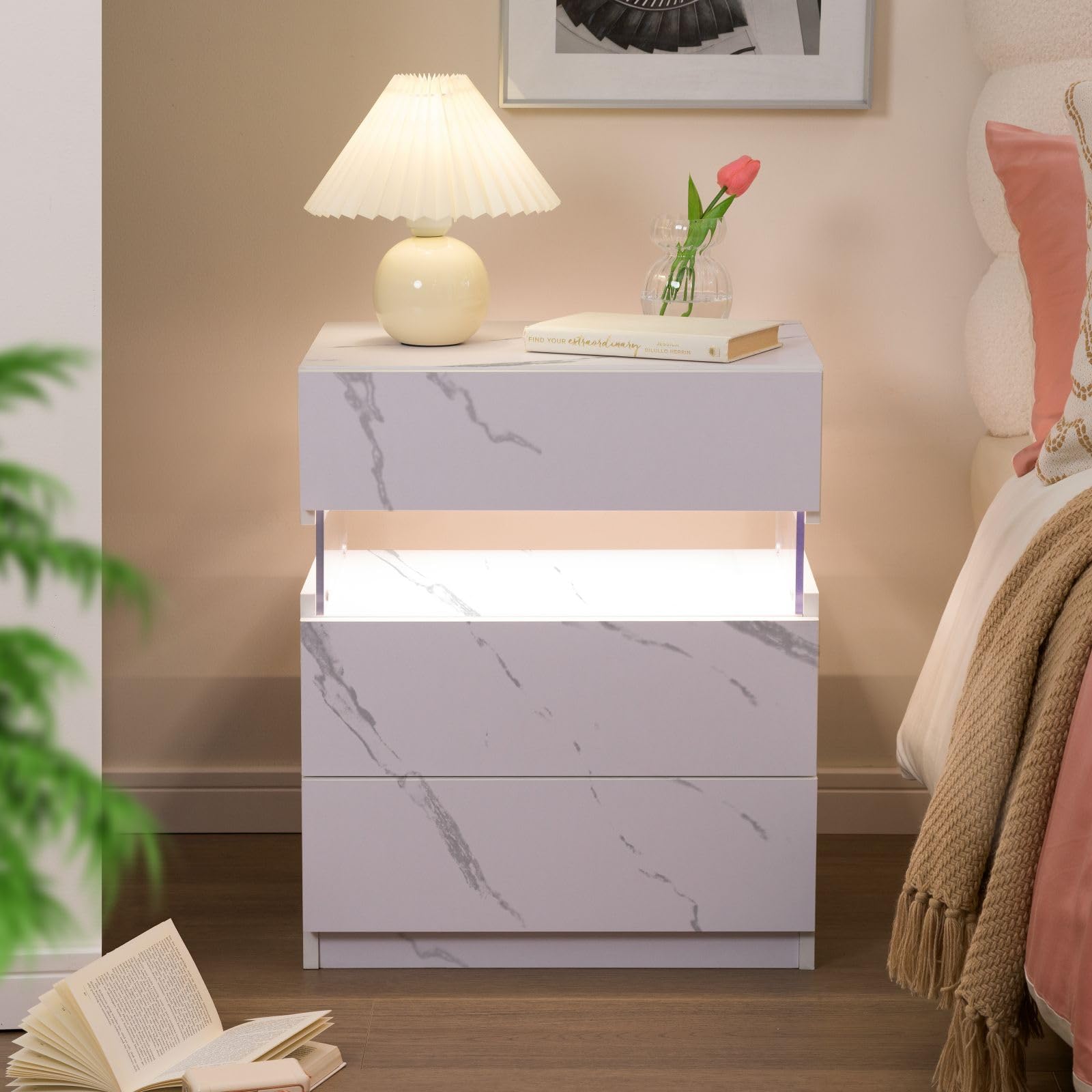 Cubehom Nachttisch Nachttische mit Schublade Nachtkommode mit LED-Beleuchtung Holz Beistelltisch Ablagetisch für Schlafzimmer,Marmoriertes Weiß