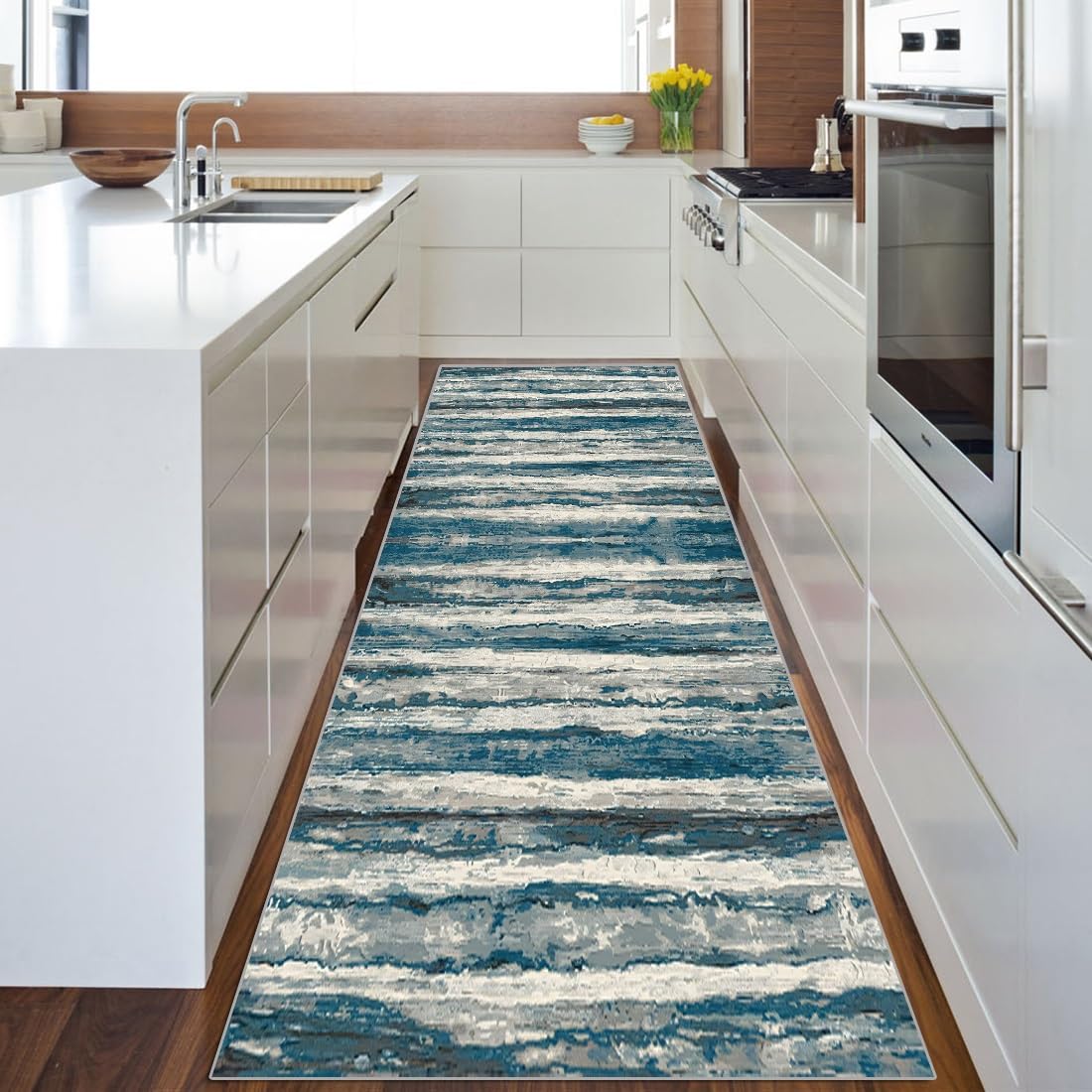 ZUZEKU Abstracte loper voor gang, keuken, wasbaar, antislip, 50 x 150 cm, vintage, zwart, grijs, groen, lang keukentapijt, vloerkleed voor gang, woonkamer, slaapkamer, per meter aanpasbaar